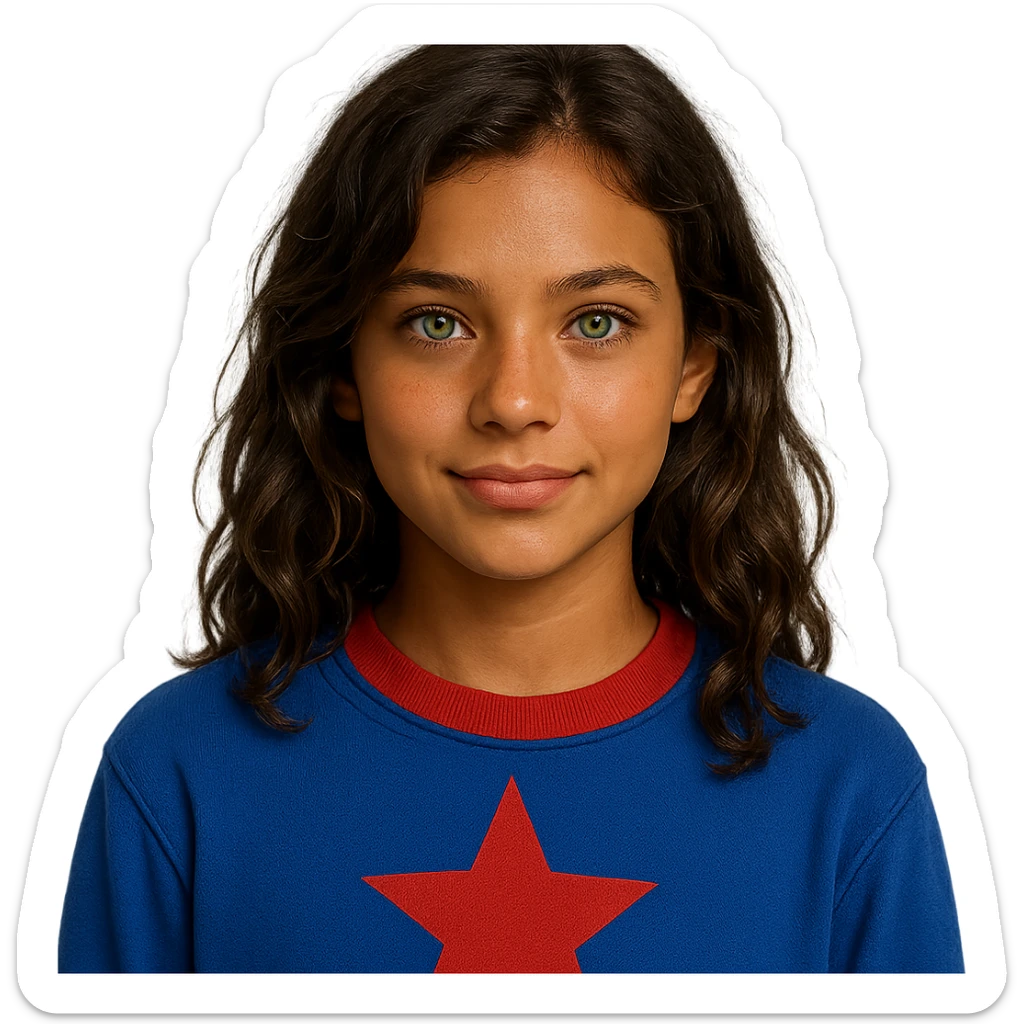a girl with bright green eyes, slightly tanned skin, wavy brown hair, wearing a blue sweatshirt with a red star and collar, portrait sticker
