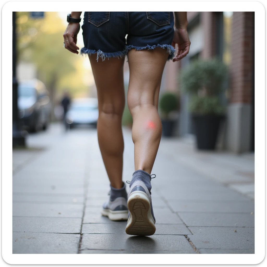 woman walking limping, evident pain in foot and knees, orthotic in shoe, realistic style, urban environment sticker