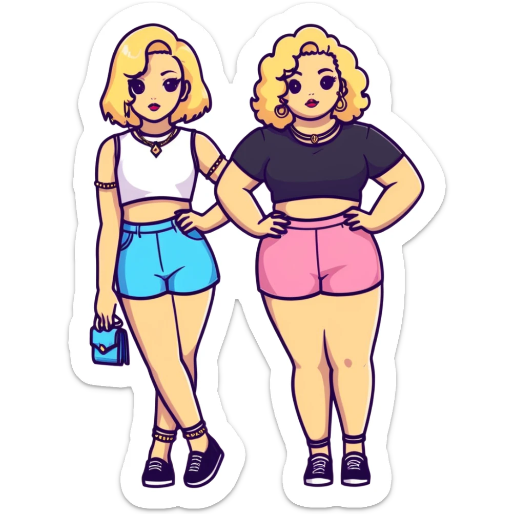 Full body of two teenage girls standing together, one white with straight blonde hair and one brown-skinned with curly dark hair, both with heavy makeup, big lips, crop tops, gold jewelry and flashy choni style outfits sticker