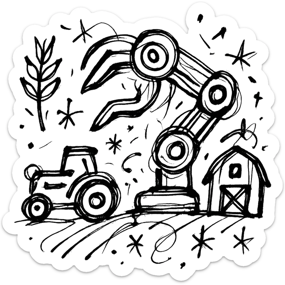 chaotic black outlined icon of a robotic arm used on a farm, with mechanical joints and a claw, surrounded by small farm elements like wheat, a tractor, and a barn sticker