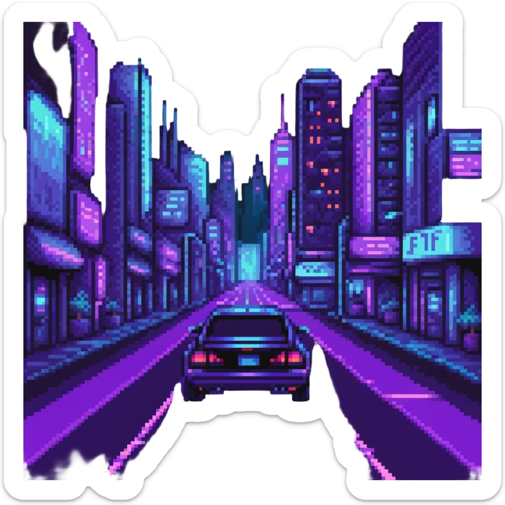 car driving through neon city streets at night with purple and blue lighting sticker
