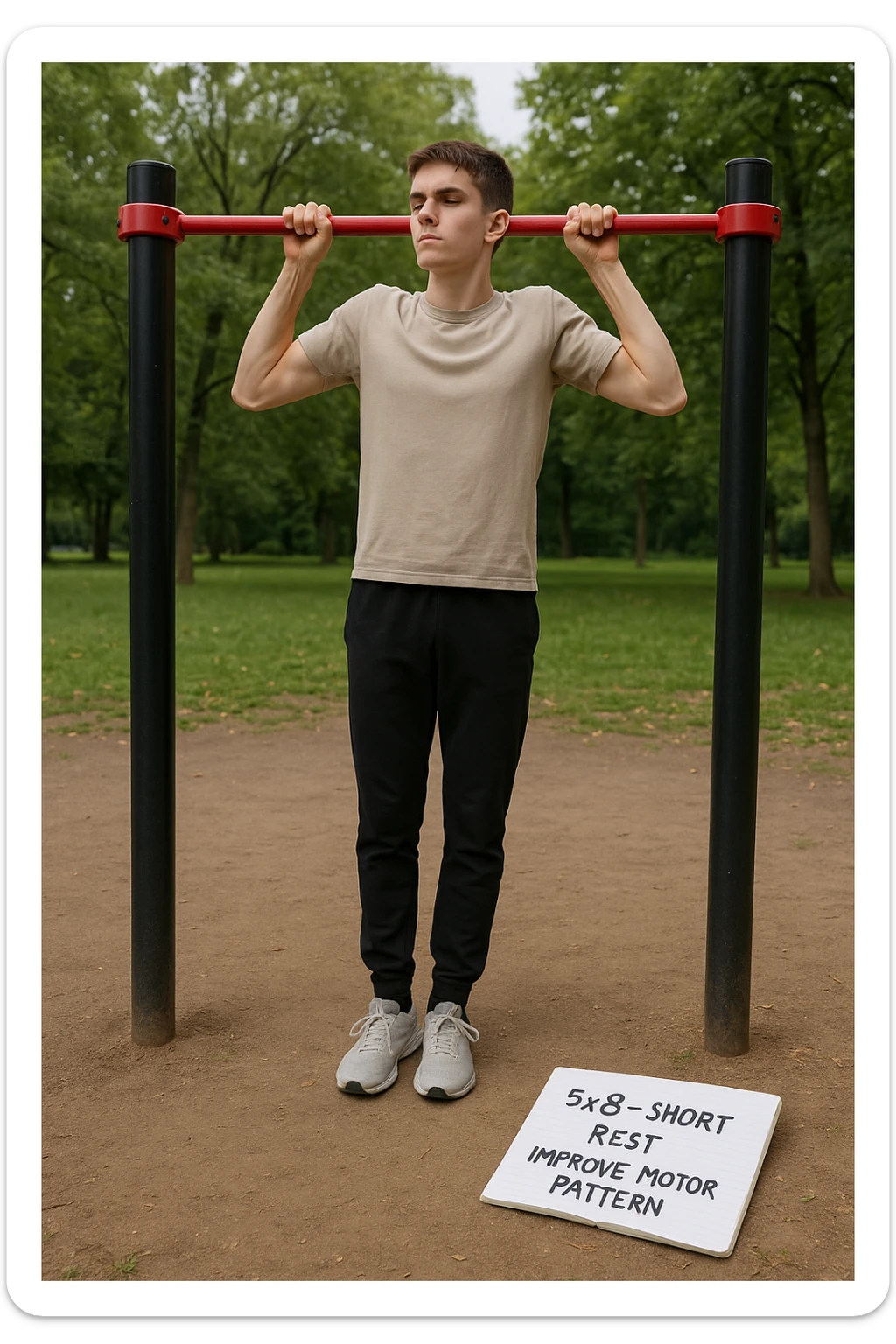 Giovane principiante dello streetlifting in un parco, fisico ancora asciutto, esegue lunghe serie di trazioni senza peso, con tecnica controllata. A terra, un taccuino con scritto '5x8 - riposo breve - migliorare schema motorio'. Espressione concentrata. Luce naturale, atmosfera educativa, senso di costruzione progressiva. sticker