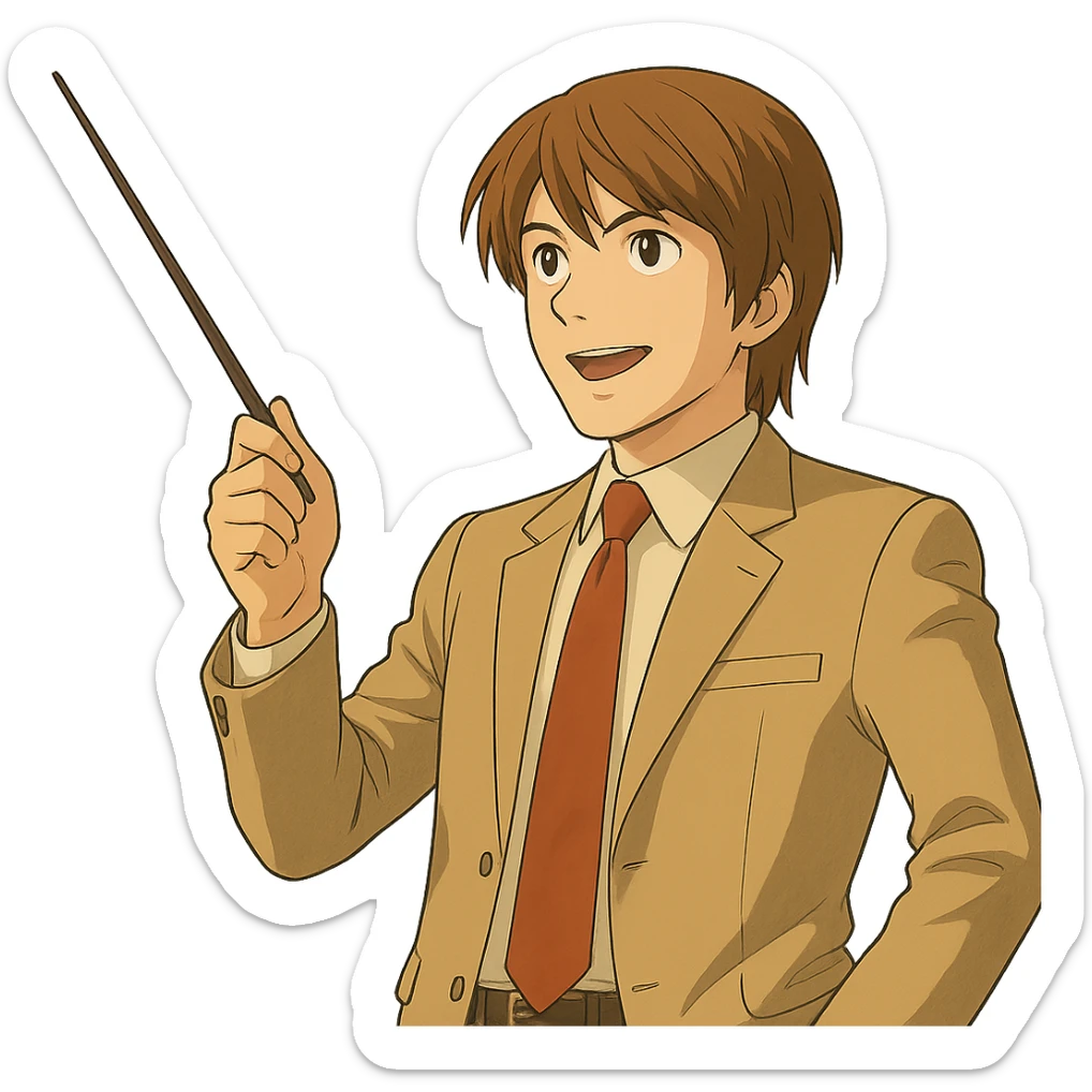 Change the angle of the teacher's stick so Light Yagami is pointing diagonally upward to the right, confident expression, Ghibli style, transparent background. sticker
