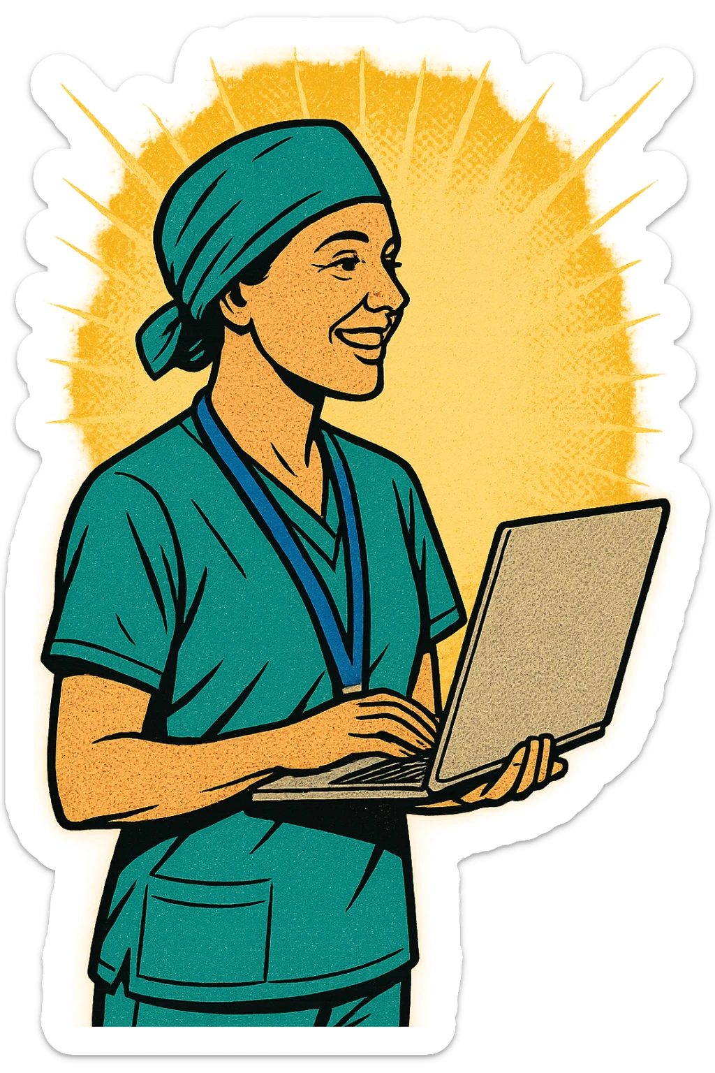 The full body of a modern day surgeon.  The surgeon is female and has an NHS lanyard around her neck.  She is smiling and facing the right. She is also holding a laptop sticker