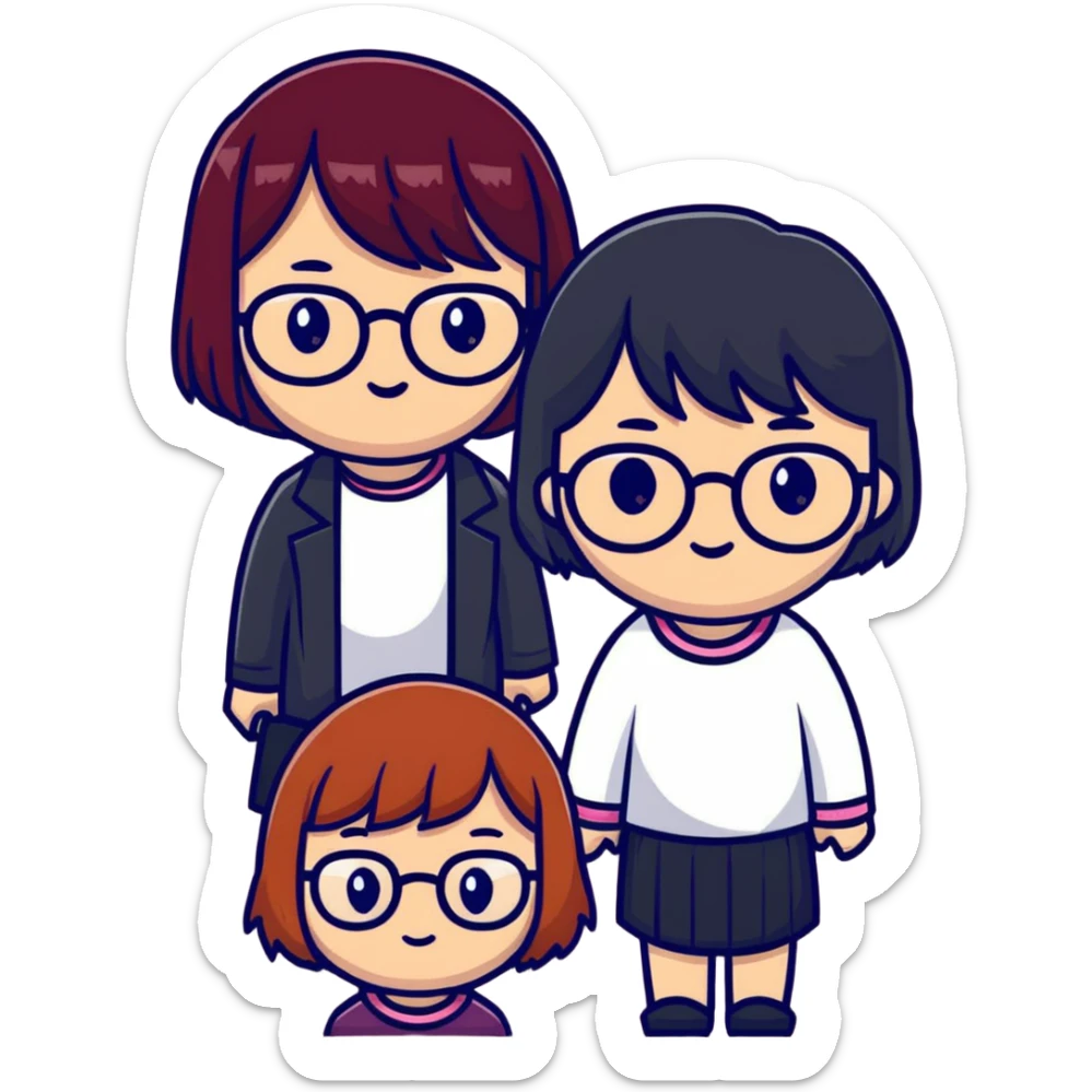 Two korean girls, on the left side she has burgundy short hair and glasses, on the right side girl has long black hair with ginger ends  sticker