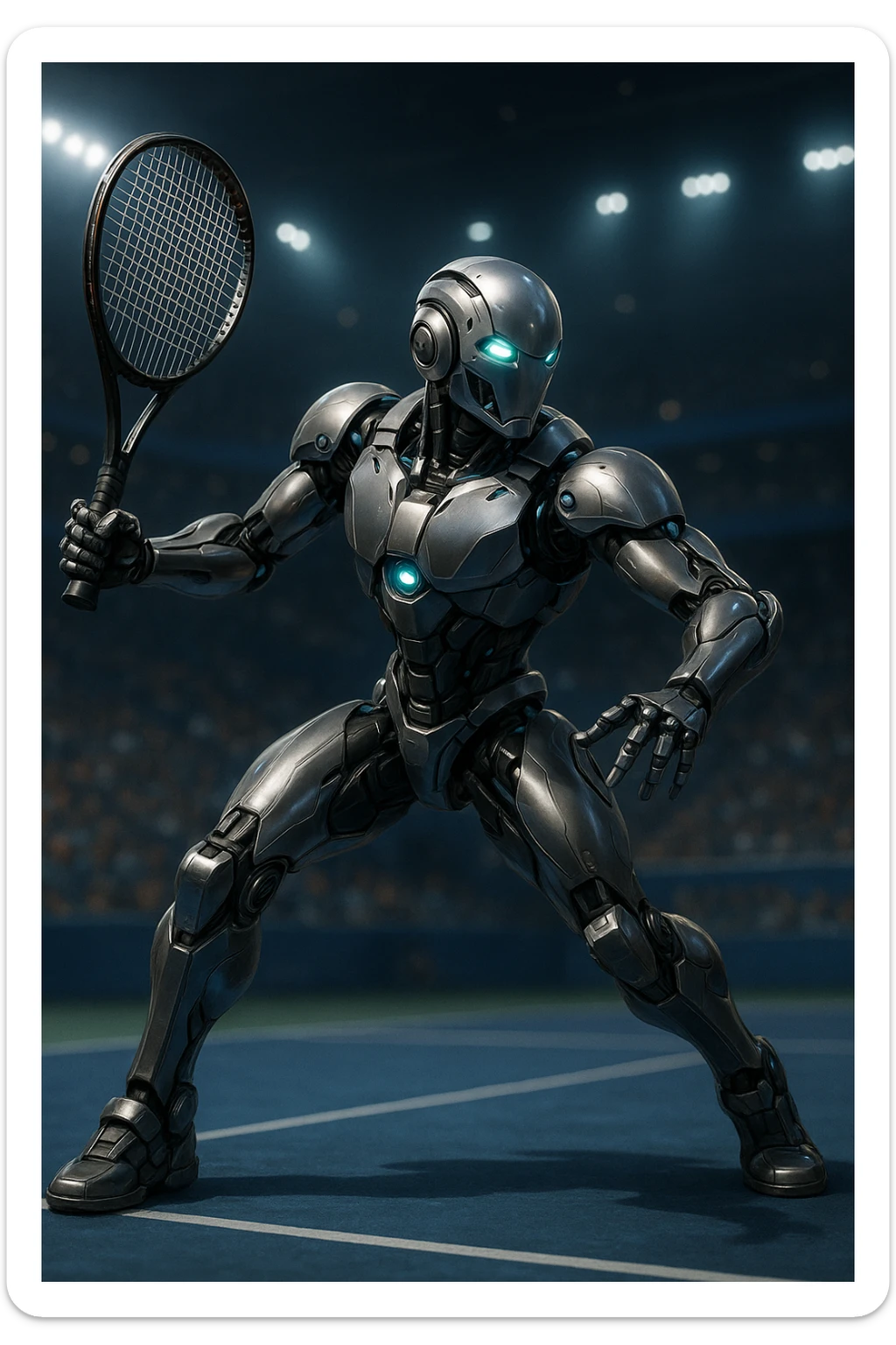 tennis robot, metallic body, holding a tennis racket, dynamic pose, futuristic details sticker