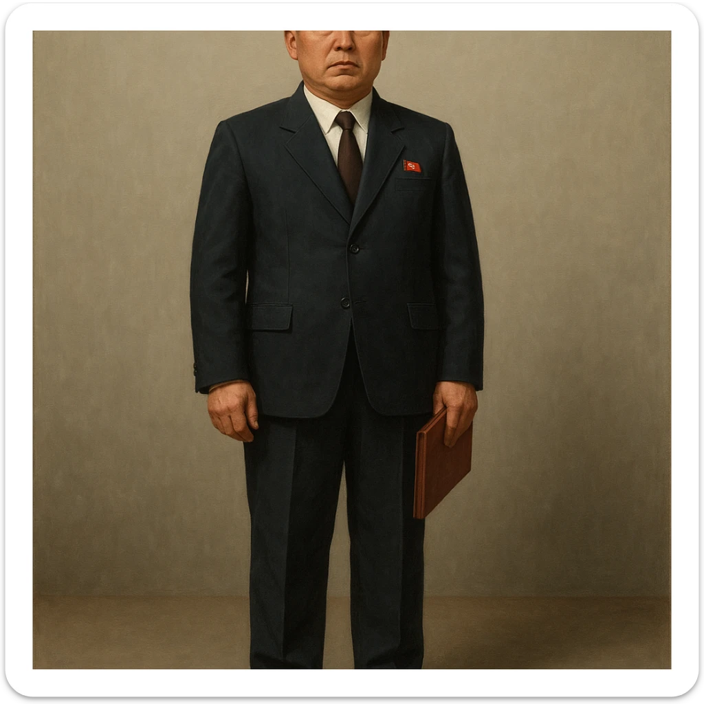 Official portrait of a North Korean man, head of the hull production workshop at a shipyard, serious and formal style, dark suit, neutral background, confident and focused expression, style inspired by Soviet and North Korean official portraits, full body, not cropped, head not cut off, head and feet fully in frame sticker