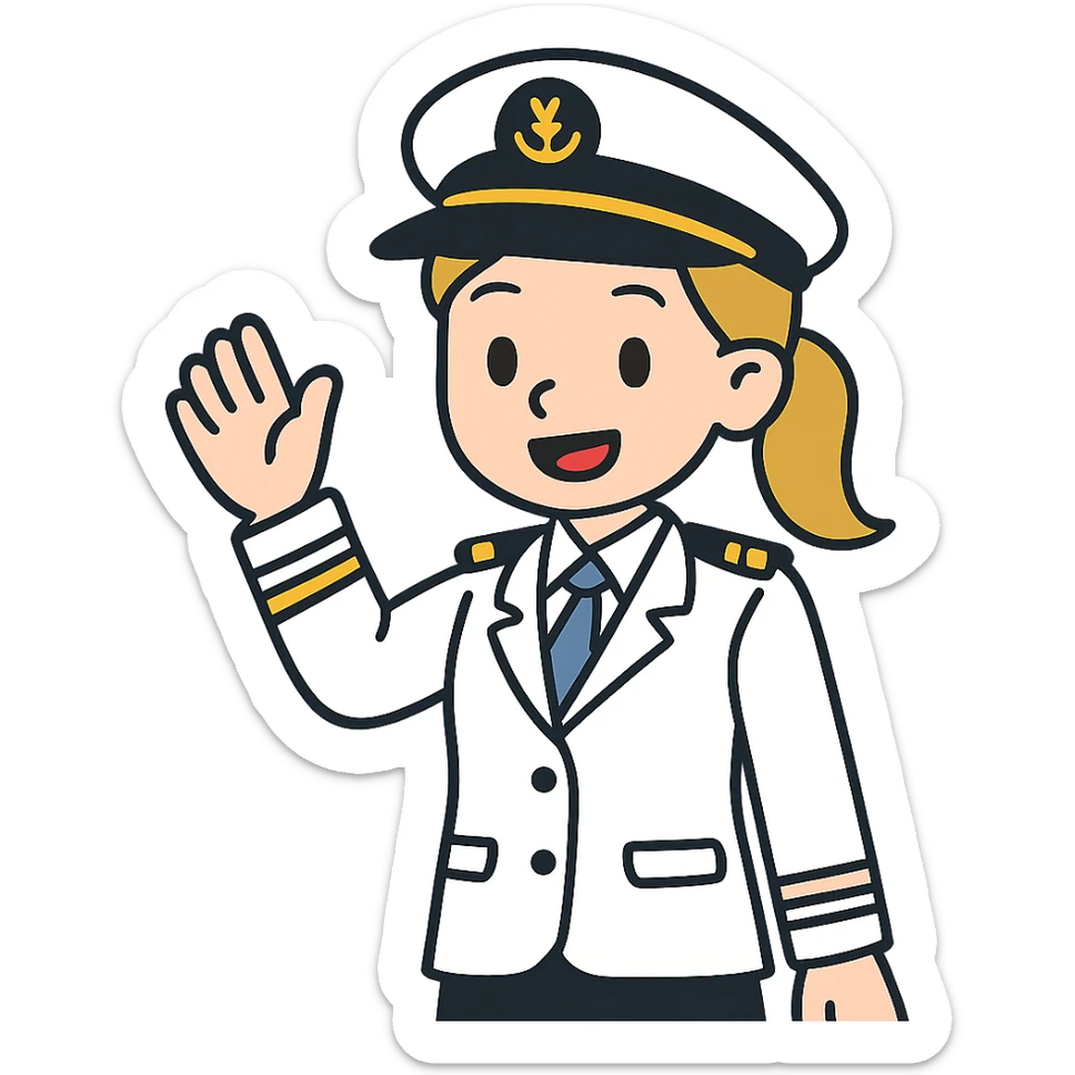 flat toon style cruise captain girl with dirty blonde ponytail, waving at the camera sticker