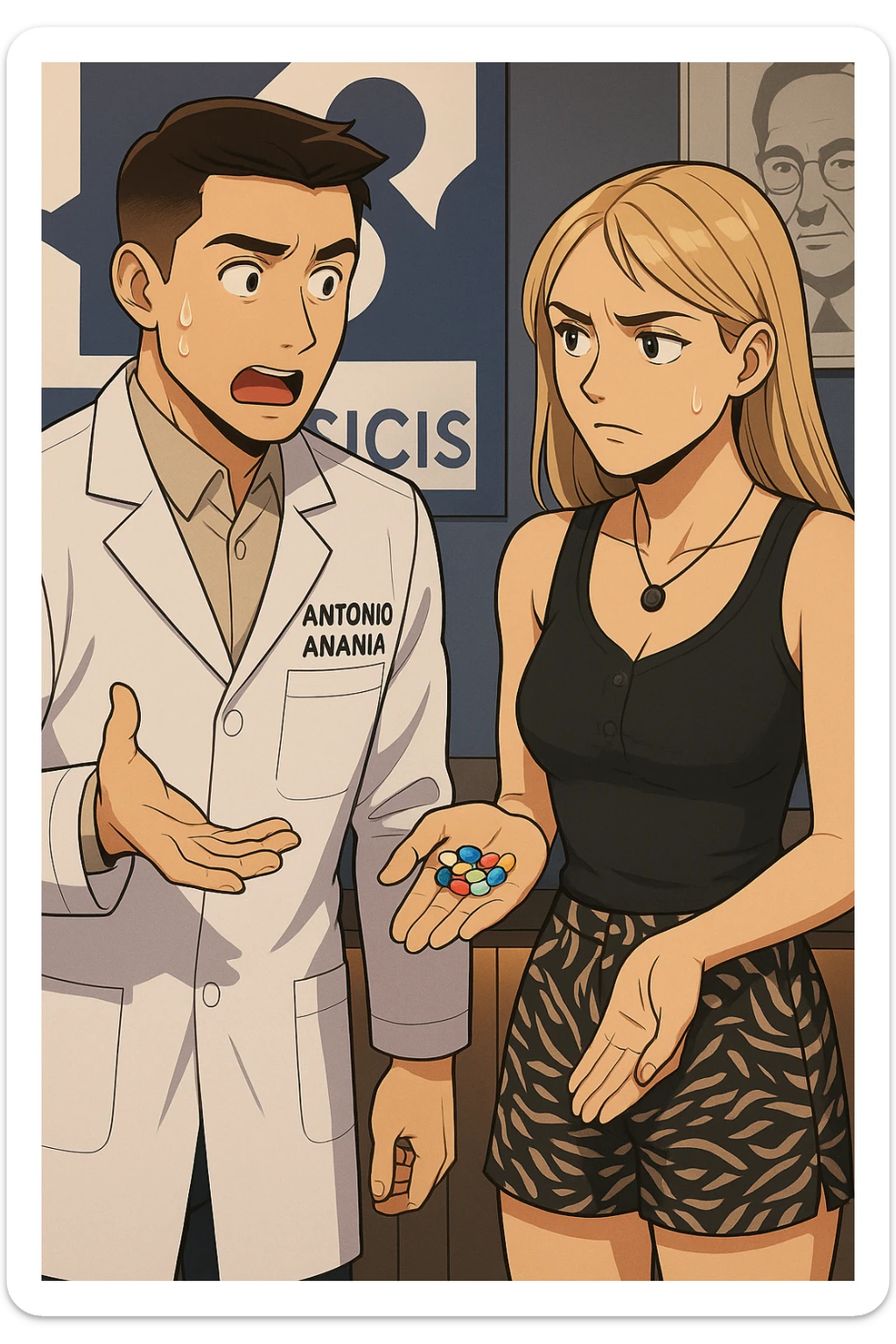 fai un webtoon/manga a colori con questo kinesiologo in camice bianco (fagli la scritta "ANTONIO ANANIA" SUL CAMICE) CHE PARLA CON QUESTA RAGAZZA. LA RAGAZZA HA UN PUGNO DI INTEGRATORI IN MANO (TANTE PILLOLE DIVERSE) E LE GUARDA DUBBIOSA. IL KINESIOLOGO CON IL CAMICE BIANCO LE DOMANDA UNA COSA SCIOCCATO. NON FARE I FUMETTI, FAI SOLO LORO COME SE DIALOGASSERO sticker