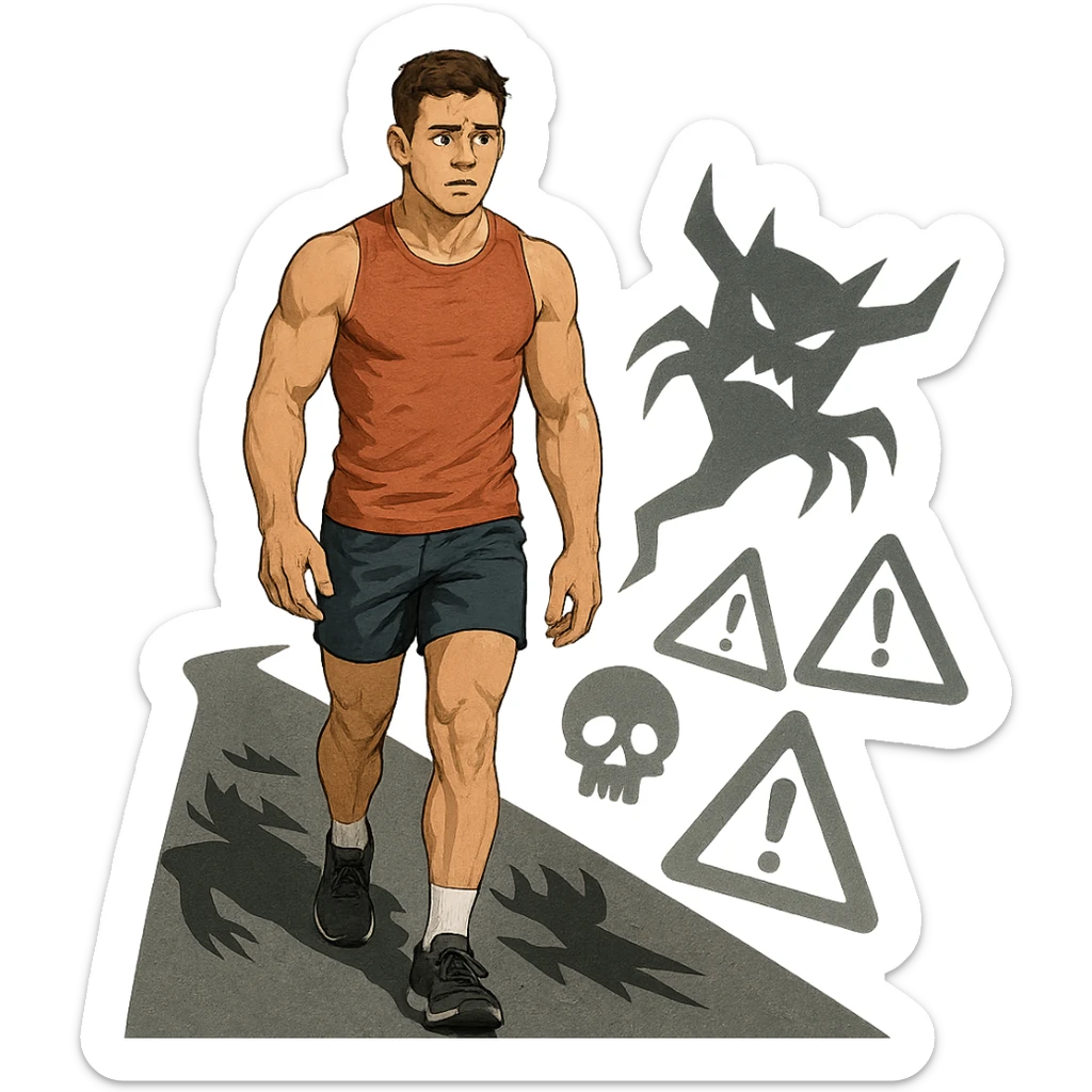 young muscular athlete following a road with threatening shadows and danger symbols projected on the path, muscular but worried face, isolated on white background sticker