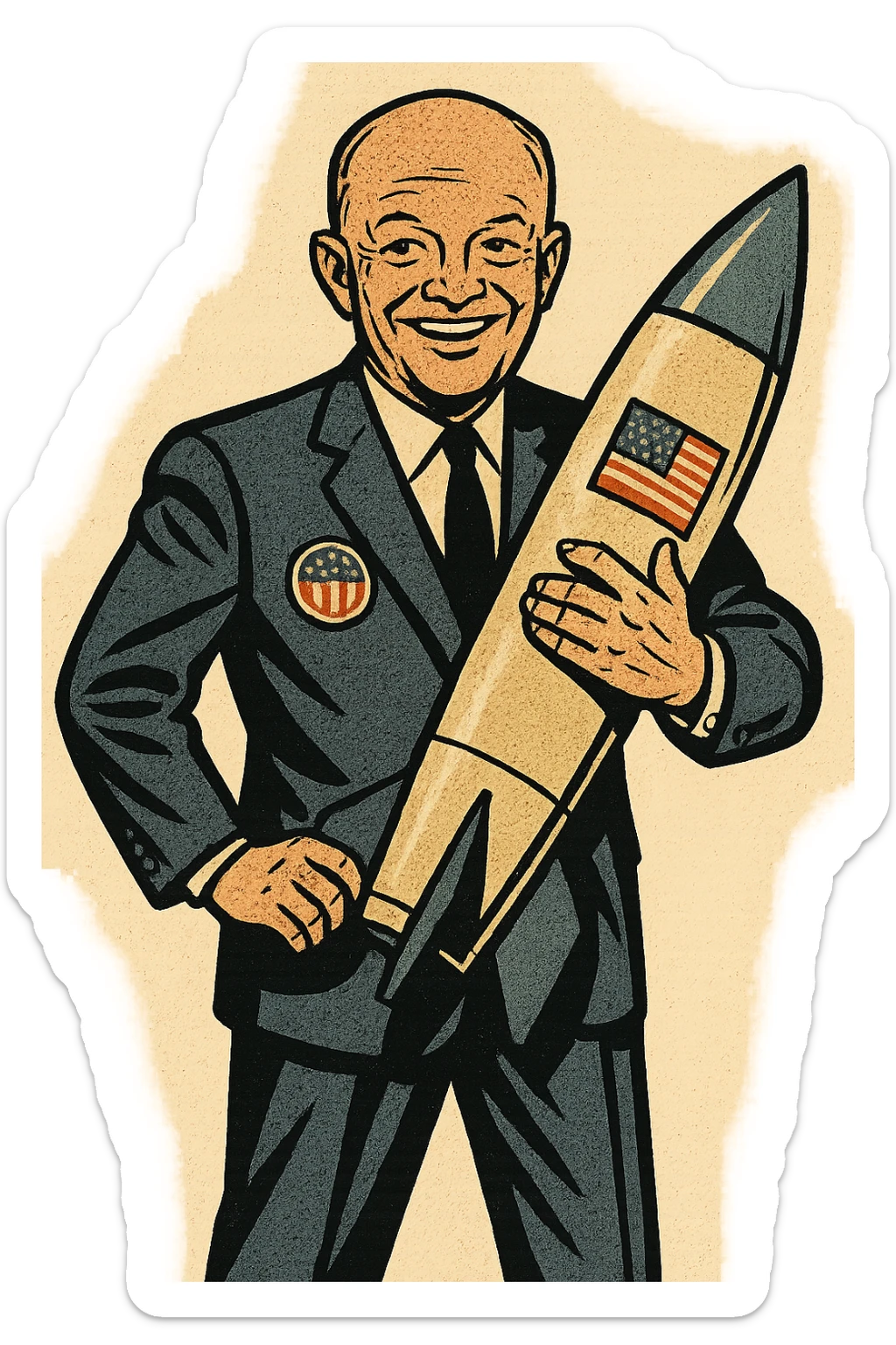 a full body of US president Eisenhower who is smiling and wearing a suit with a large USA flag badge. He is holding an American nuclear missile close to his body sticker