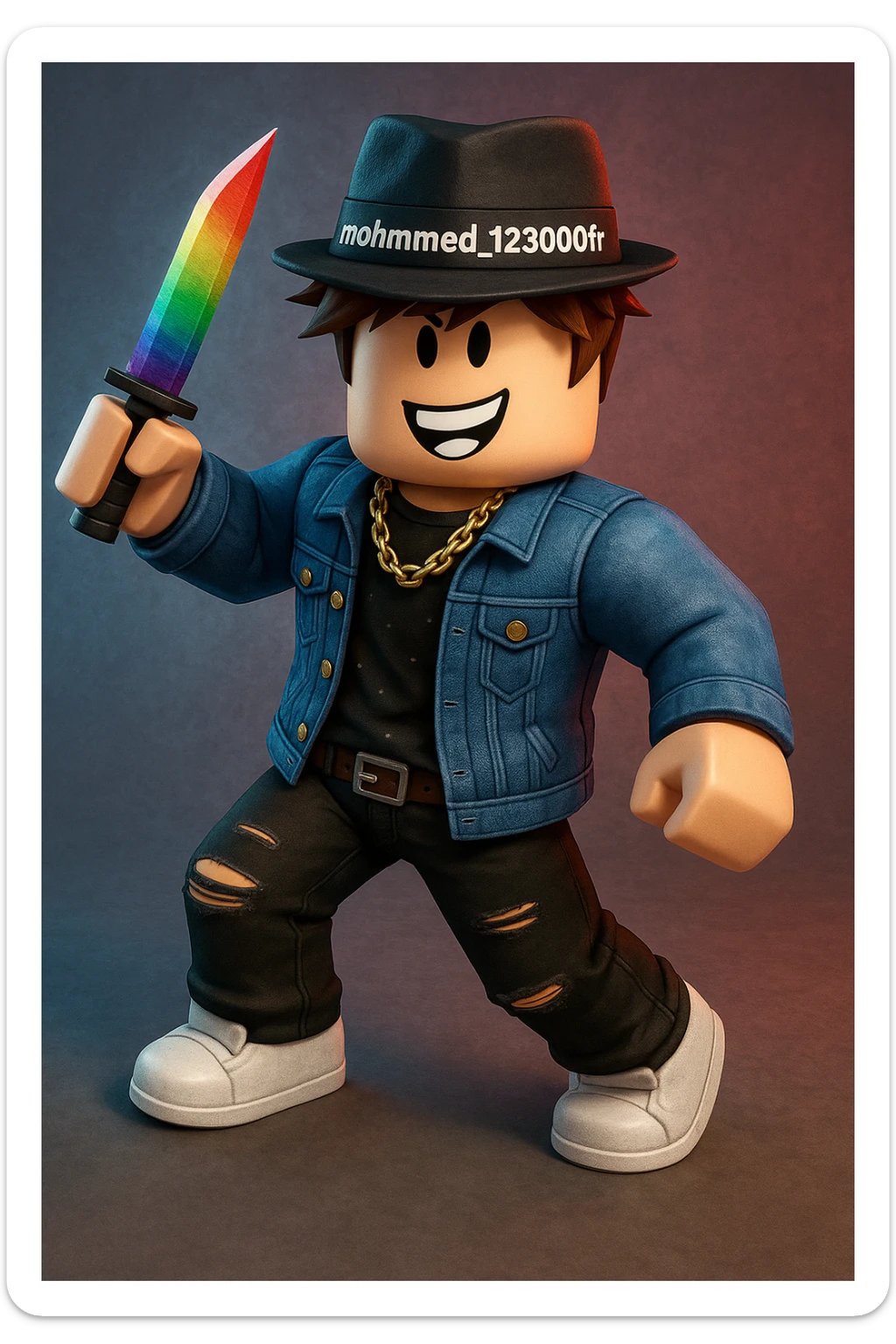 Roblox avatar for mohmmed_123000fr in MM2, full body, holding a knife, vibrant and game-accurate style sticker