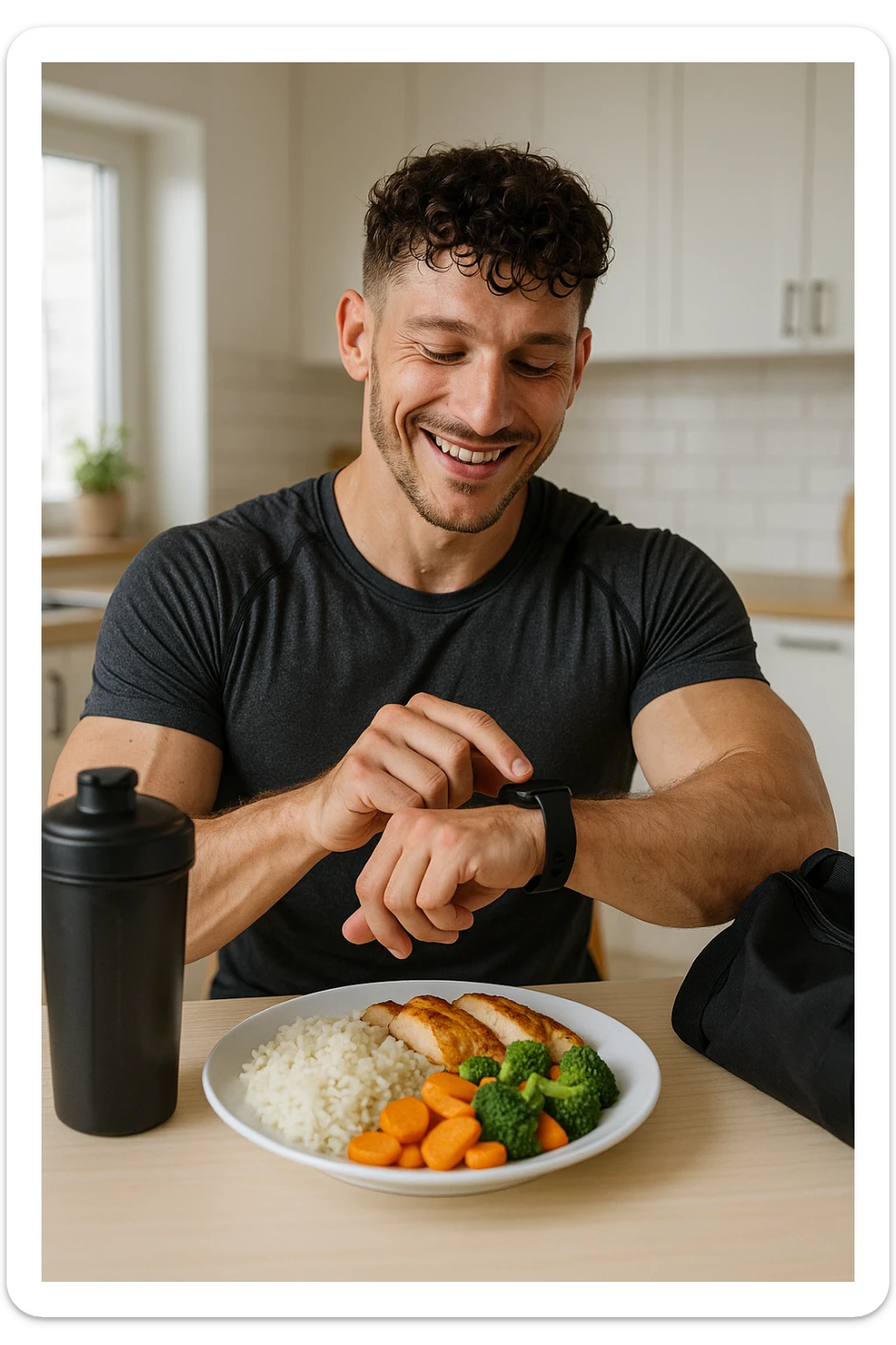 a fit man in his 30s, still in gym clothes and slightly sweaty, sits at a kitchen table right after a workout. In front of him is a balanced meal with a generous portion of rice, pasta, or potatoes, along with lean protein and vegetables. He checks his watch or a fitness app, smiling with satisfaction as he times his post-workout meal. The background is a bright, modern kitchen, with a shaker bottle and gym bag visible. in italiano sticker