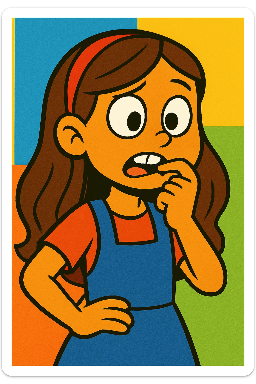 colorful cartoon of a young girl with long brown hair biting her nail sticker