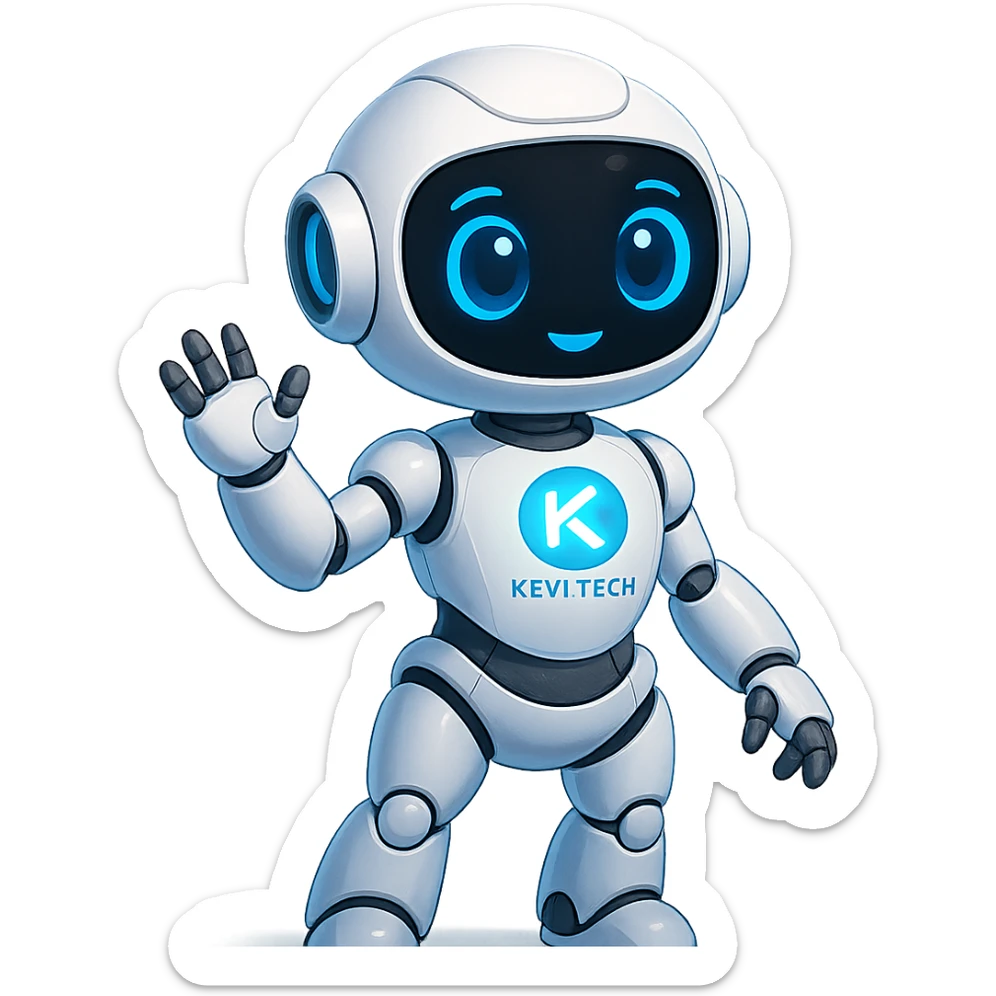 Lonna, the intelligent robot mascot of Keyi Tech, friendly and futuristic style, sleek white and blue body, expressive digital eyes, glowing Keyi Tech logo on chest sticker