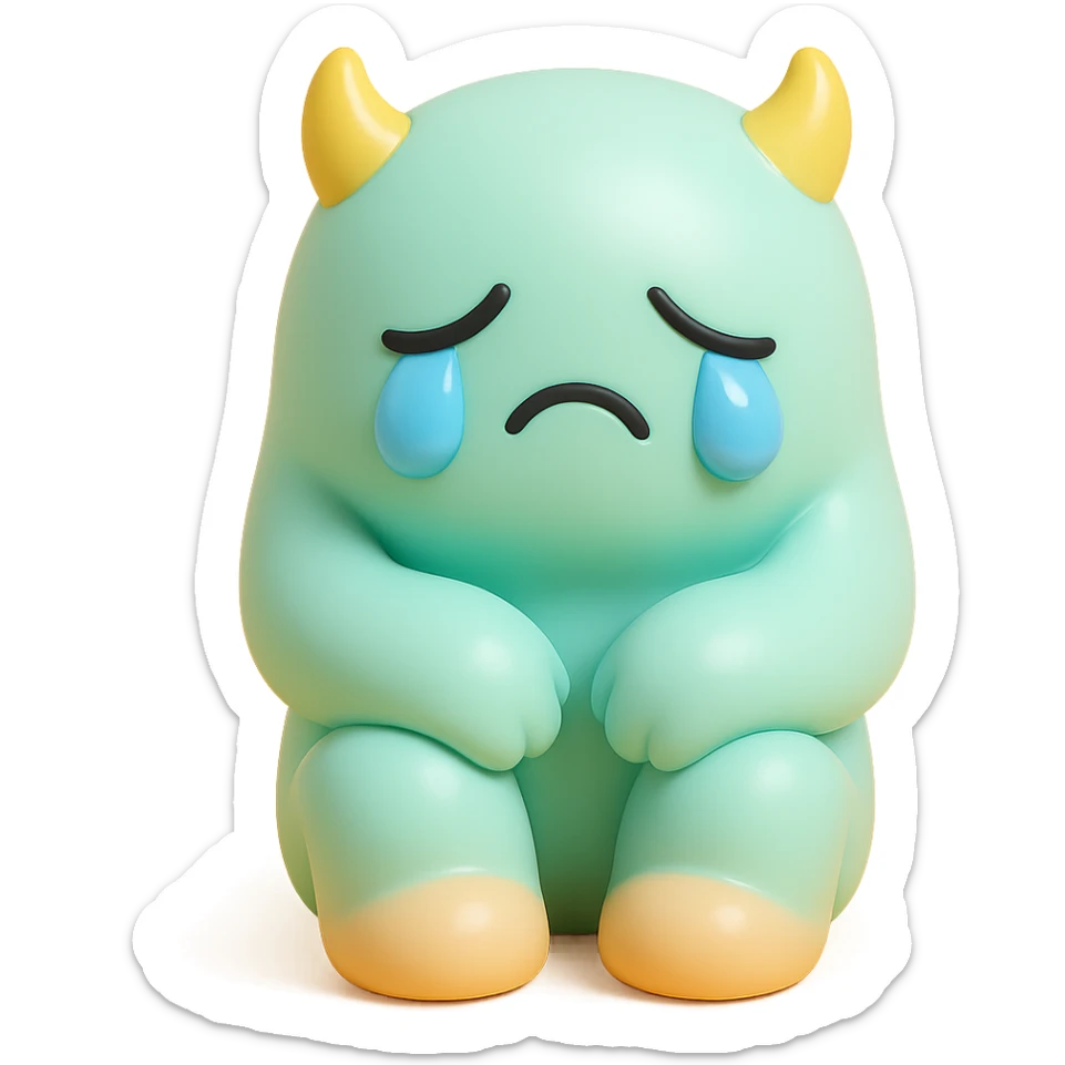sad monster sitting with its knees up, crying, small horns, pastel color palette, no background, vinyl figure style sticker
