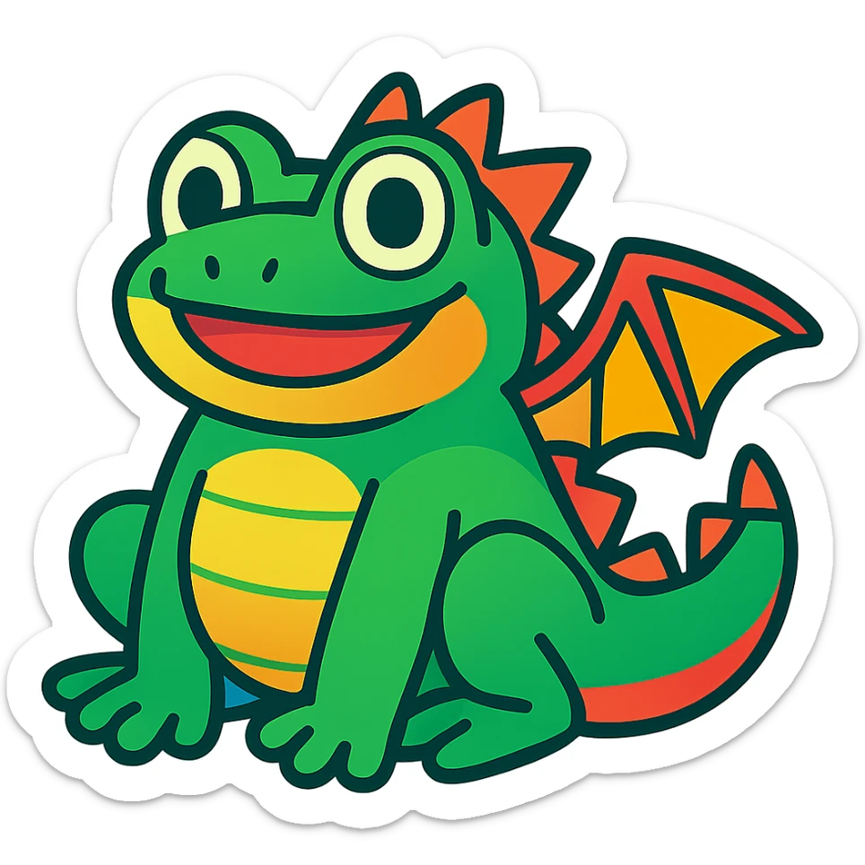 vibrant cartoon style of a dragon and frog fused together, cute and colorful sticker