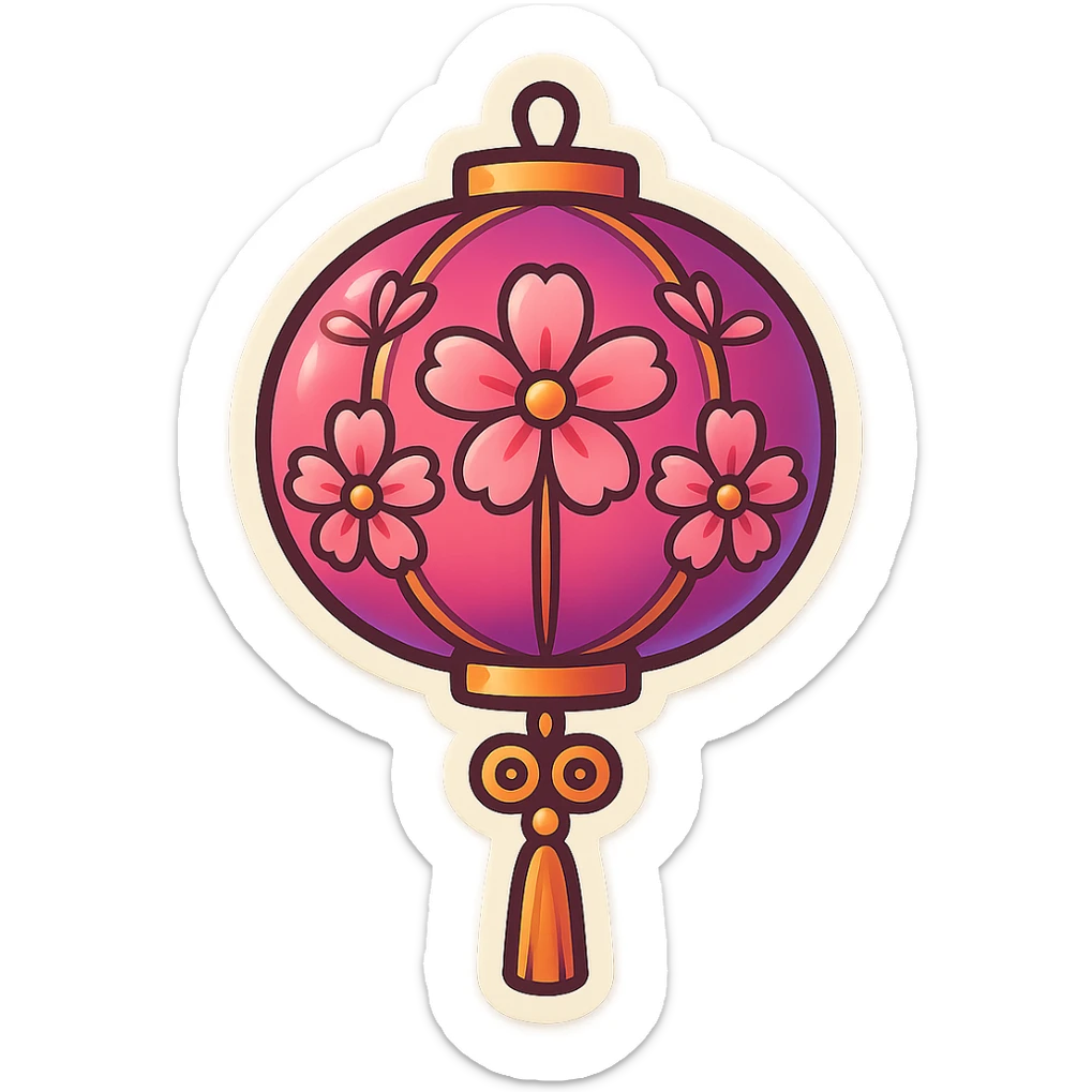 Create a cute and beautiful Chinese lantern with flowers, similar to the reference image in the top row left. Use the retro-stickers style with clean lines, soft shapes, pastel and pink shades. The background should be transparent. sticker