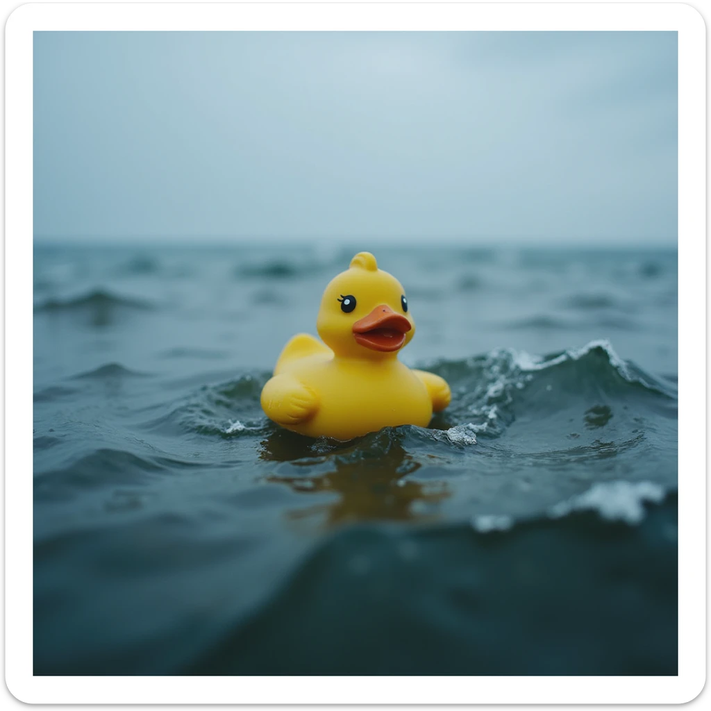 Cinematic still, Extreme Closeup shot of Yellow duck toy on ocean during cloudy day, stormy sea, Camera from top, inspired by interstellar sticker