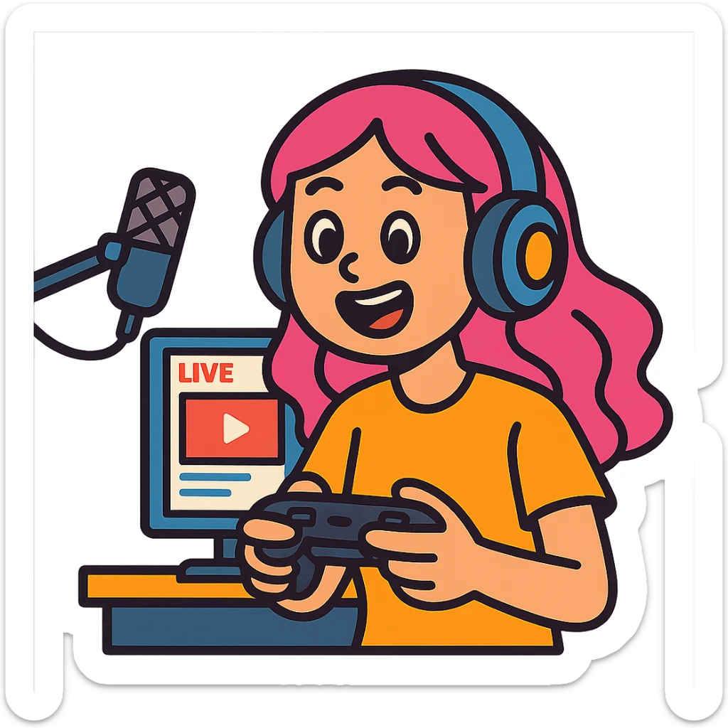 girl with pink hair wearing headphones, holding a game controller, streaming setup, vibrant and expressive sticker