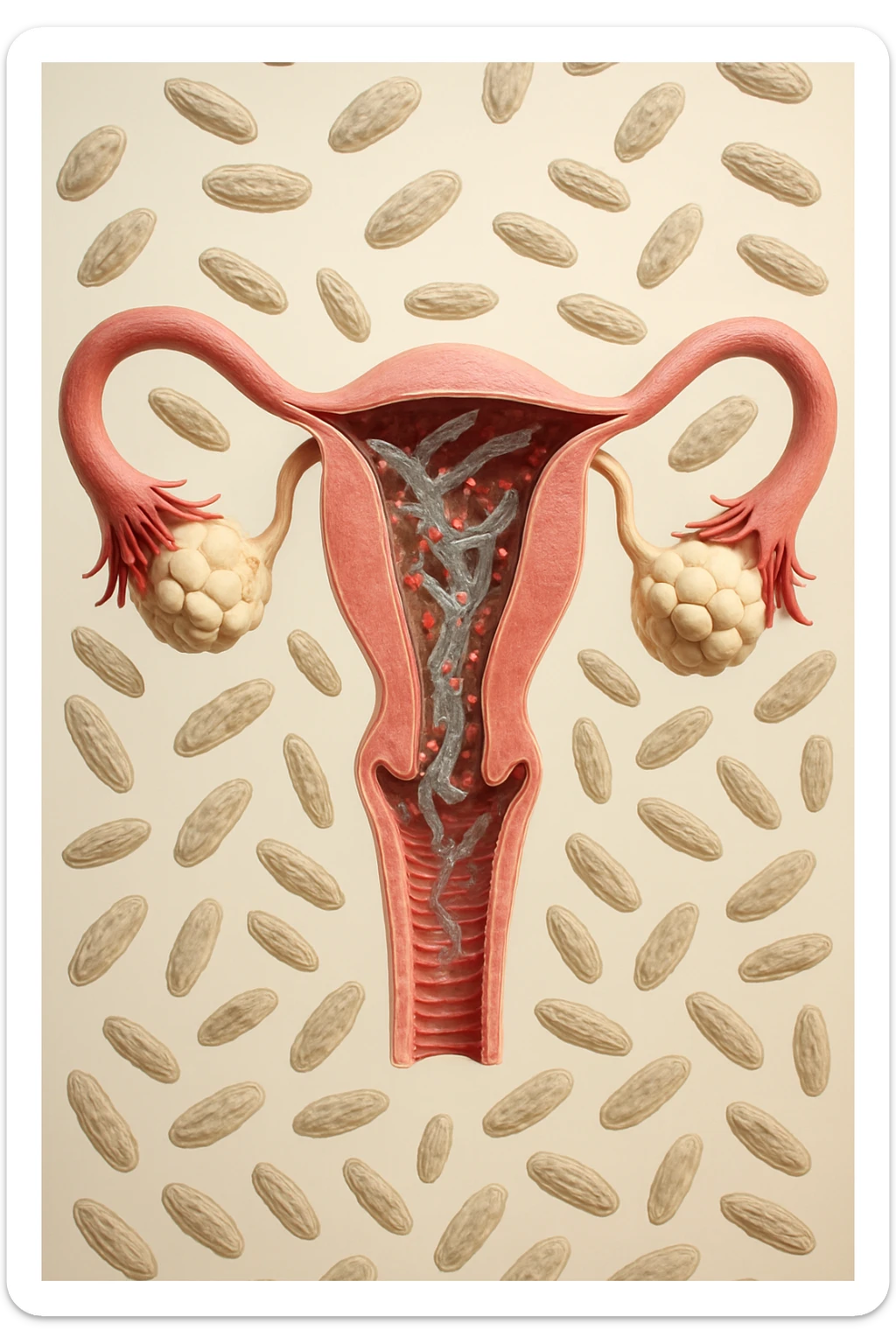 utero umano realistico con batteri della candida intorno, la foto si deve vedere per intero in formato verticale, sullo sfondo neutro chiaro ci sono batteri della candida, iperrealistico 4k sticker