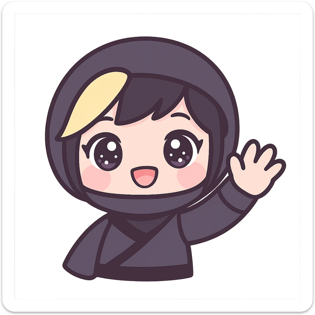 Make the art style more anime: kawaii chibi ninja girl with black short hair and a blonde streak, only head and arms, big sparkling anime eyes, rounder face, small mouth, soft shading, pastel colors, clean outlines, transparent background, no mask, hand fully raised, waving, smiling, sized for Twitch emoji use. sticker