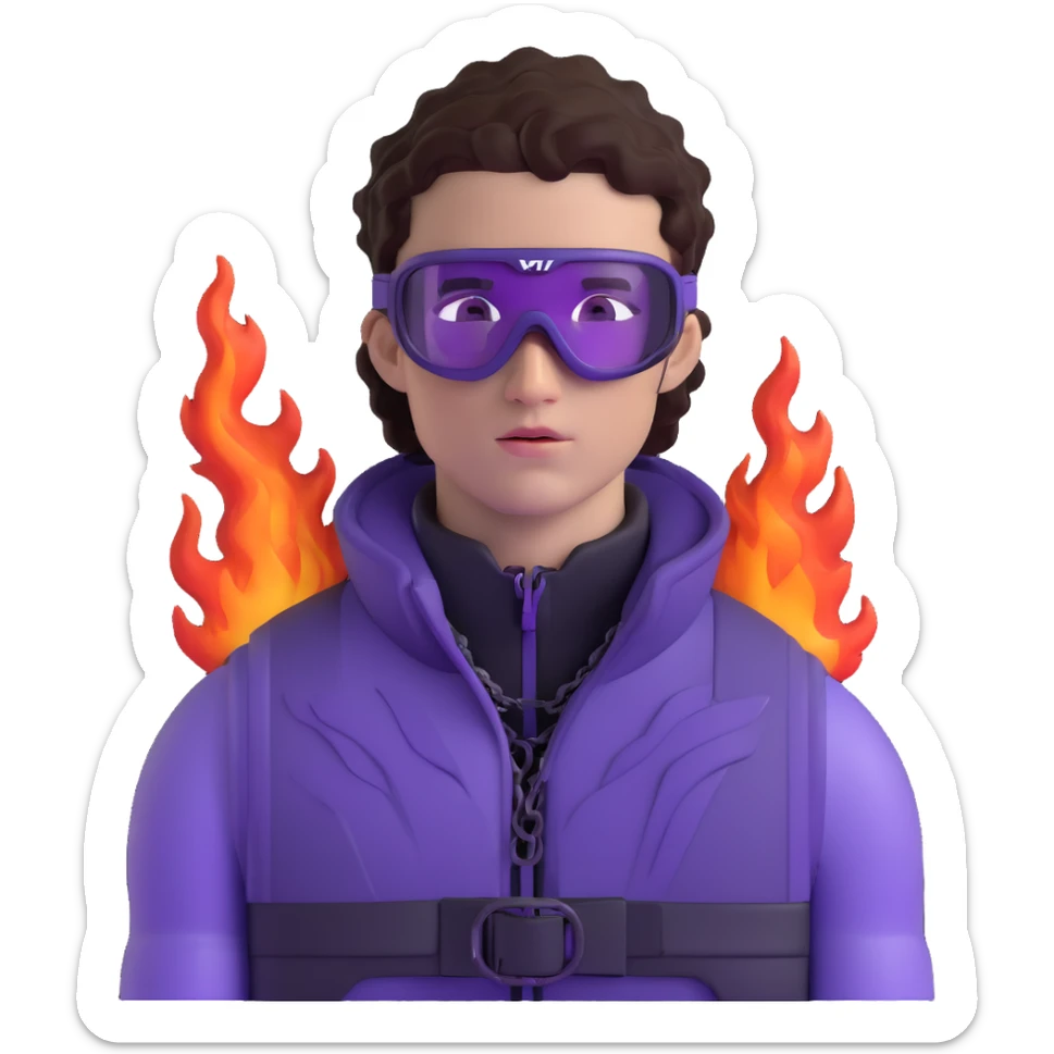 close-up of bad guy male athlete with white skin and moderately curly dark brown hair on top with shaved sides, wearing ski goggles with purple frames and very dark black lenses, a simple plain black chain necklace, and a completely unzipped sleeveless vest with purple and black sequin fire pattern design with no logo, with an extremely arrogant sneer on his face, looking menacing and villainous, exuding overconfidence and a threatening aura sticker