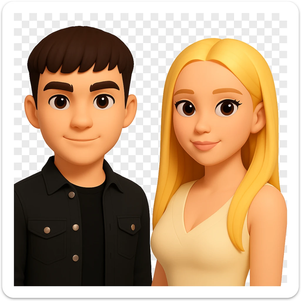 Slightly increase the volume of the upper body of the girl, separate the girl and the boy from each other, make the skin color the same for both characters. Maintain the cartoonish 3D style as in the reference image. Keep the background transparent. sticker