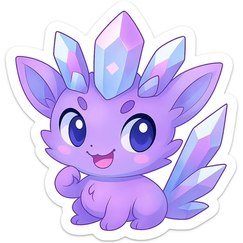 Edit the chibi kawaii crystal sprite creature to have its entire tail made of crystal, maintaining the pastel purple, blue, and pink colors. Keep the mischievous and adorable expression. Remove the background. The style is chibi kawaii crystal sprite with pastel colors. sticker