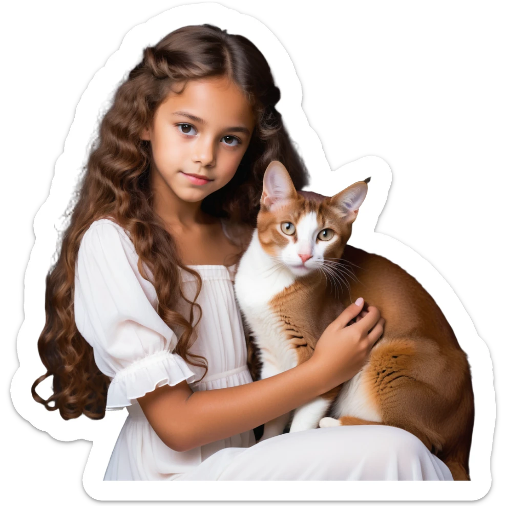 beautiful girl with curly long brown hair in a white dress cuddling an Abyssinian cat with reddish-brown fur sticker