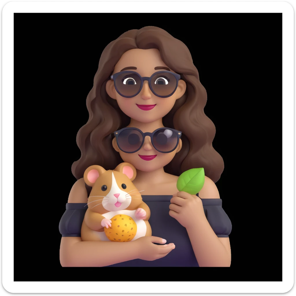 charming modern emoji of a young woman with medium skin tone, long wavy dark brown hair, black off-shoulder top, warm friendly smile, cute hamster with round sunglasses and seed perched on her shoulder, subtle neutral gradient background, radiating joy and warmth sticker