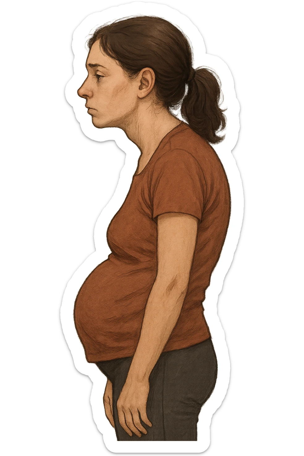 DONNA DI PROFILO CON LA POSTURA SBAGLIATA, LA PANCIA IN FUORI E LE SPALLE CHIUSE sticker