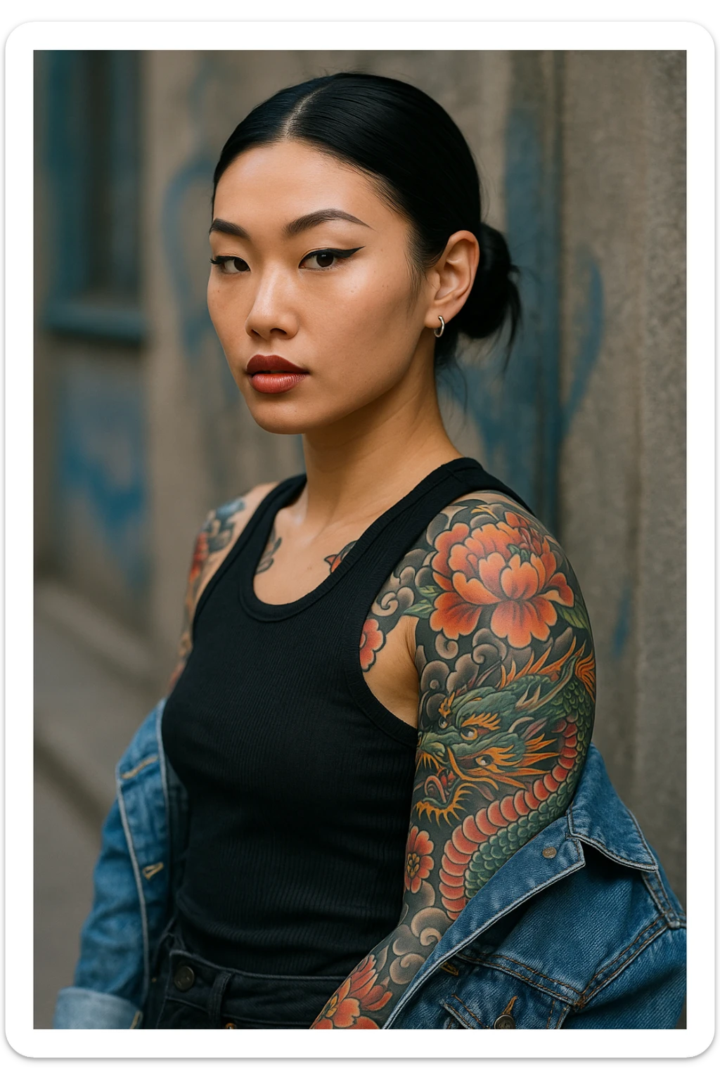 tattooed asian woman with floral and dragon tattoos, cool attitude sticker