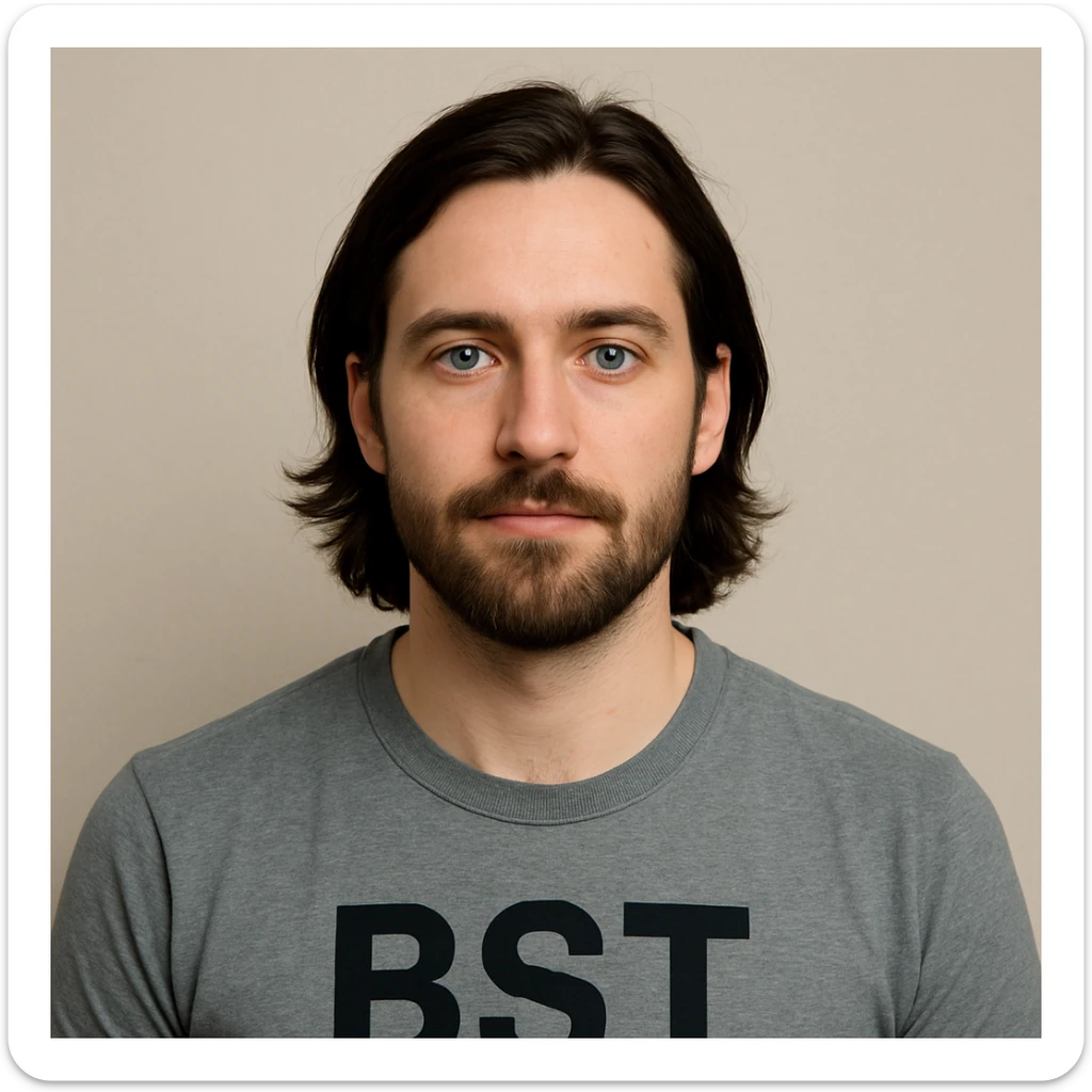 30-year-old Caucasian male avatar, white skin, dark longish hair, blue eyes, upper torso only, shirt has 'BST' written on it sticker