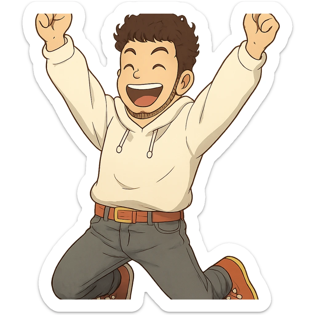 1 male, mid fade haircut dark chestnut brown curly hair, toasted lightskin, white hoodie sleeves up, gray fashion jeans, red fashion-sneakers shoes, red belt, short trimmed beard and goatee,  style of deku from "my hero academia",  doing a pose for a "happy" emote for twitch sticker