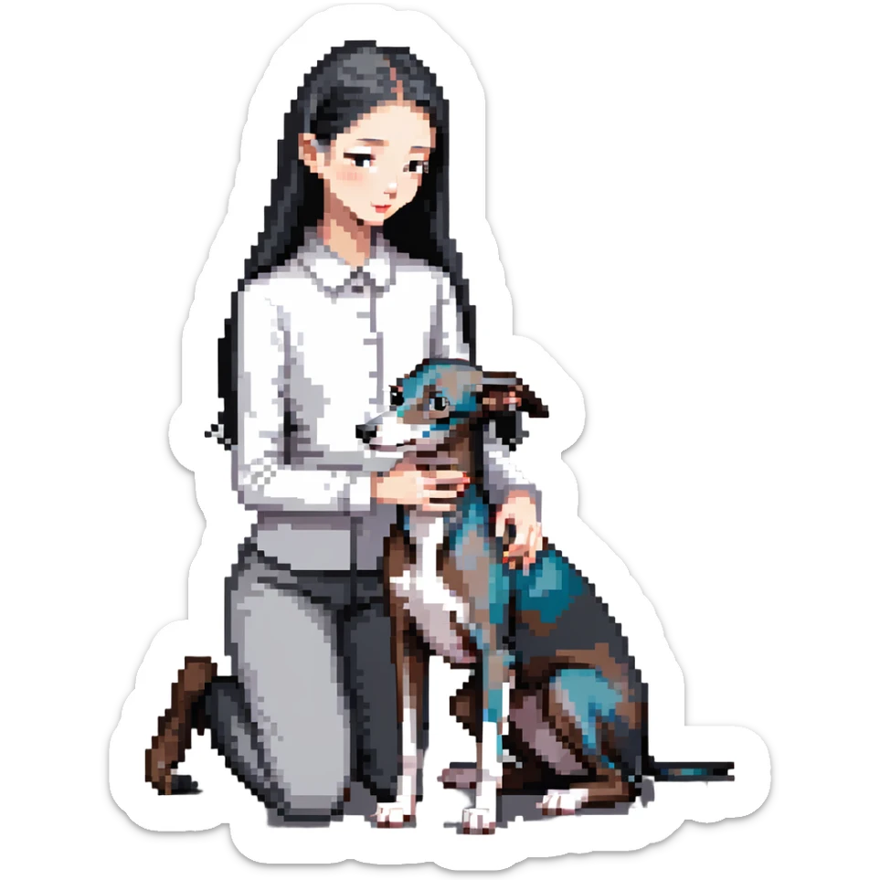 Slim Chinese girl with long black hair petting an Italian greyhound with completely uniform solid grey color throughout its entire body and face, with no white markings anywhere sticker