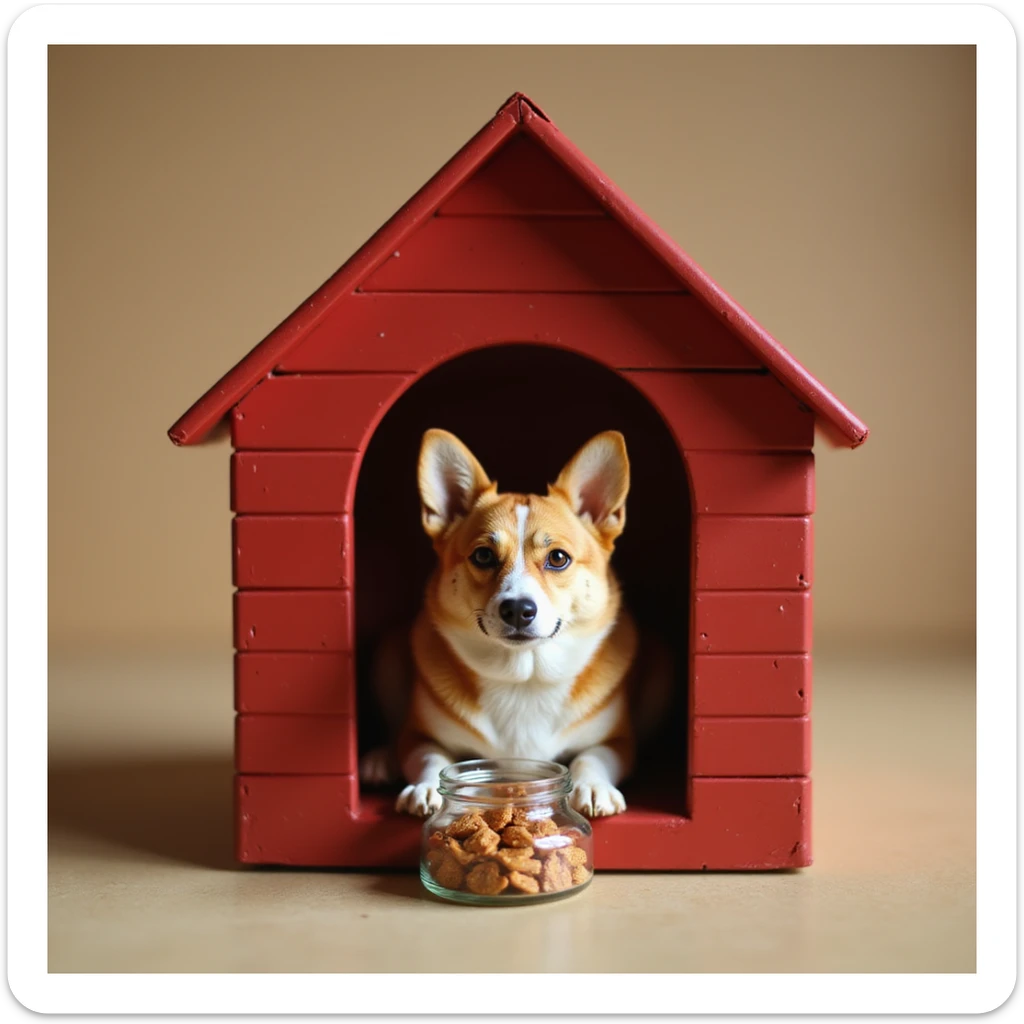 realistic red dog house with a Corgi dog inside, Corgi with a treat jar, photorealistic style sticker