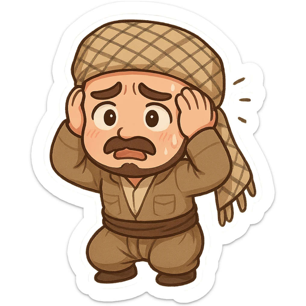 Kurdish man in traditional dress jamadani, anxious mood, cartoon style, hands on head or looking stressed, no text sticker