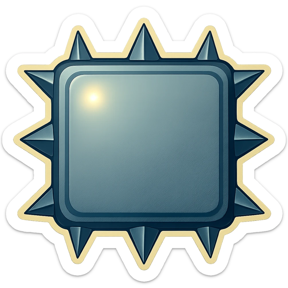 Edit the metal slab to have all spikes on the side edges short, fat, and extremely pointy triangular. Each spike should point directly up, down, left, or right, perpendicular to the edge it is on. Maintain the head-on view, retro sticker style, and transparent background. sticker