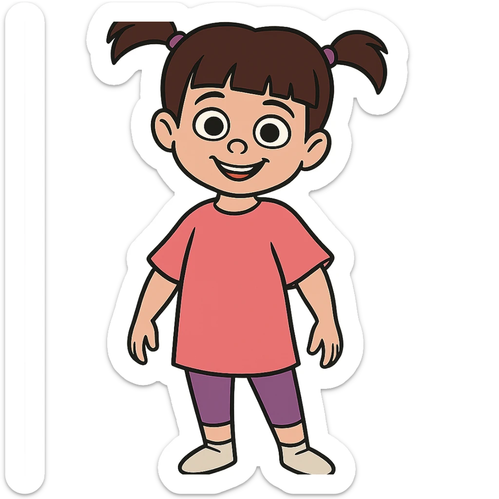 Boo from Monsters Inc, young girl with pigtails, pink t-shirt, purple leggings, smiling, full body, cartoon style matching confident Mike Wazowski and Sulley sticker