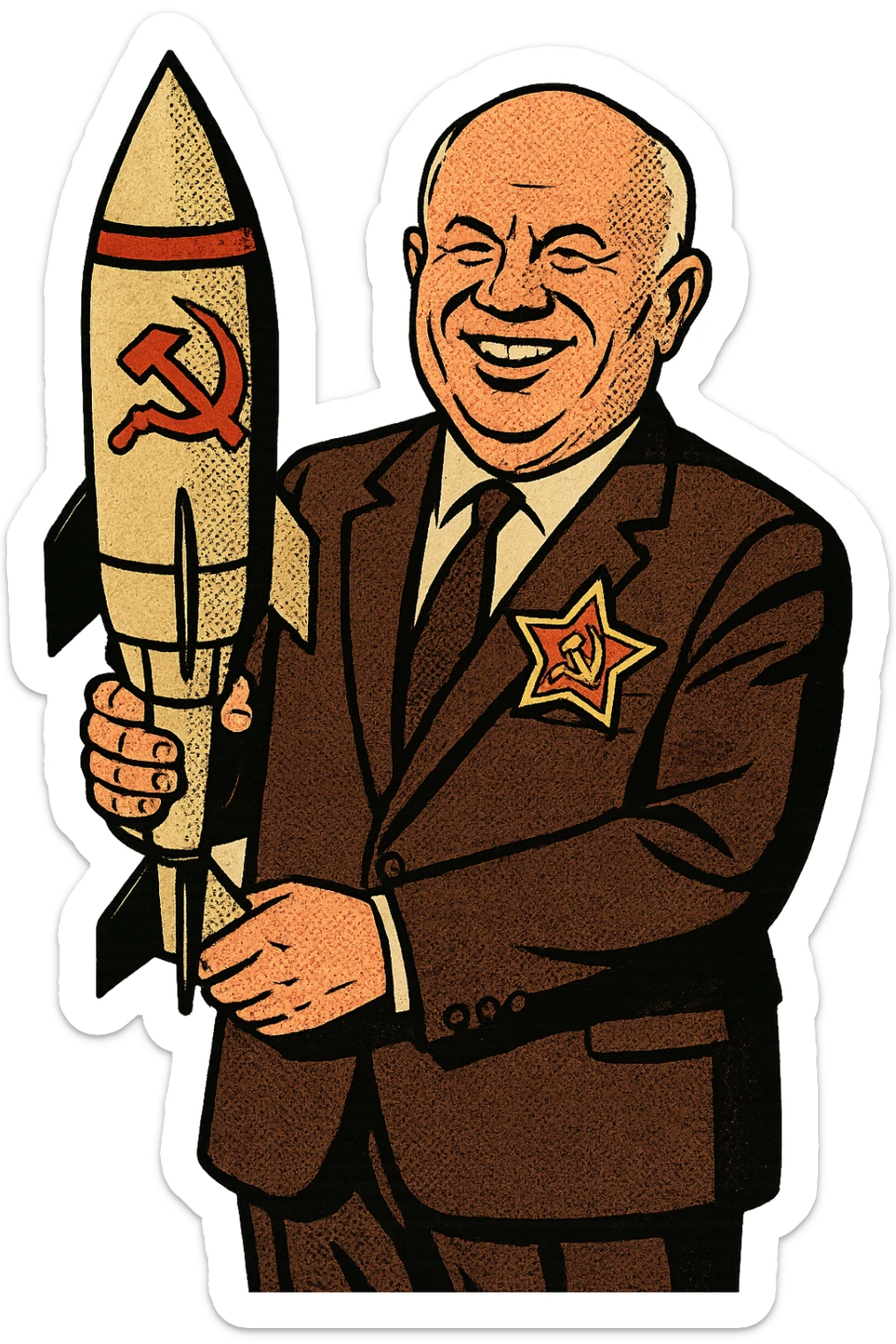 a full body of Soviet leader Nikita Khrushchev who is smiling and wearing a suit with a large communist badge. He is holding a soviet nuclear missile sticker