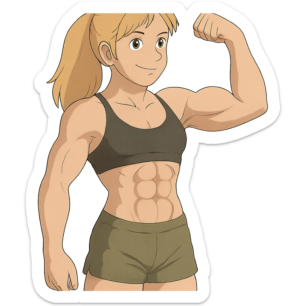 full body pose of a muscular white girl with blonde hair and green eyes, flexing 6 pack abs and one arm bicep sticker