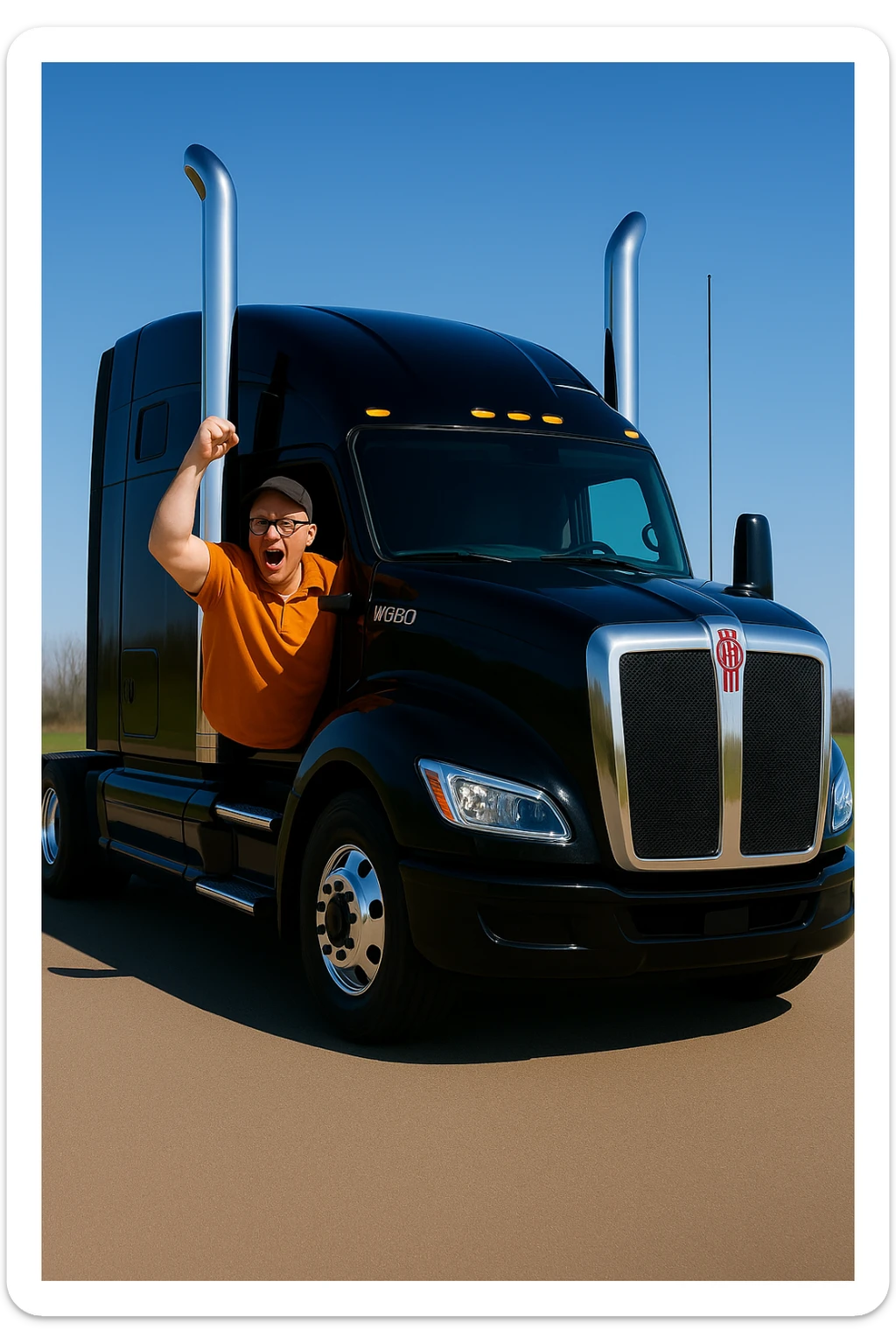 Move the angry bald man wearing an orange shirt, glasses, and a baseball cap to the driver's side window of the 2026 Kenworth W680 black sleeper semi truck. Show his arm pumping out of the driver's side window. Keep the scene bright and vivid with clear details and vibrant colors. sticker