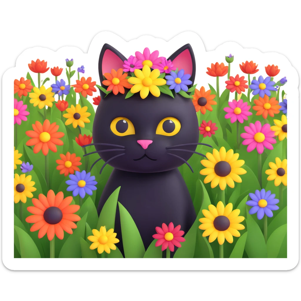 a black cat with a flower on its head in a field of flowers, pastel colors sticker