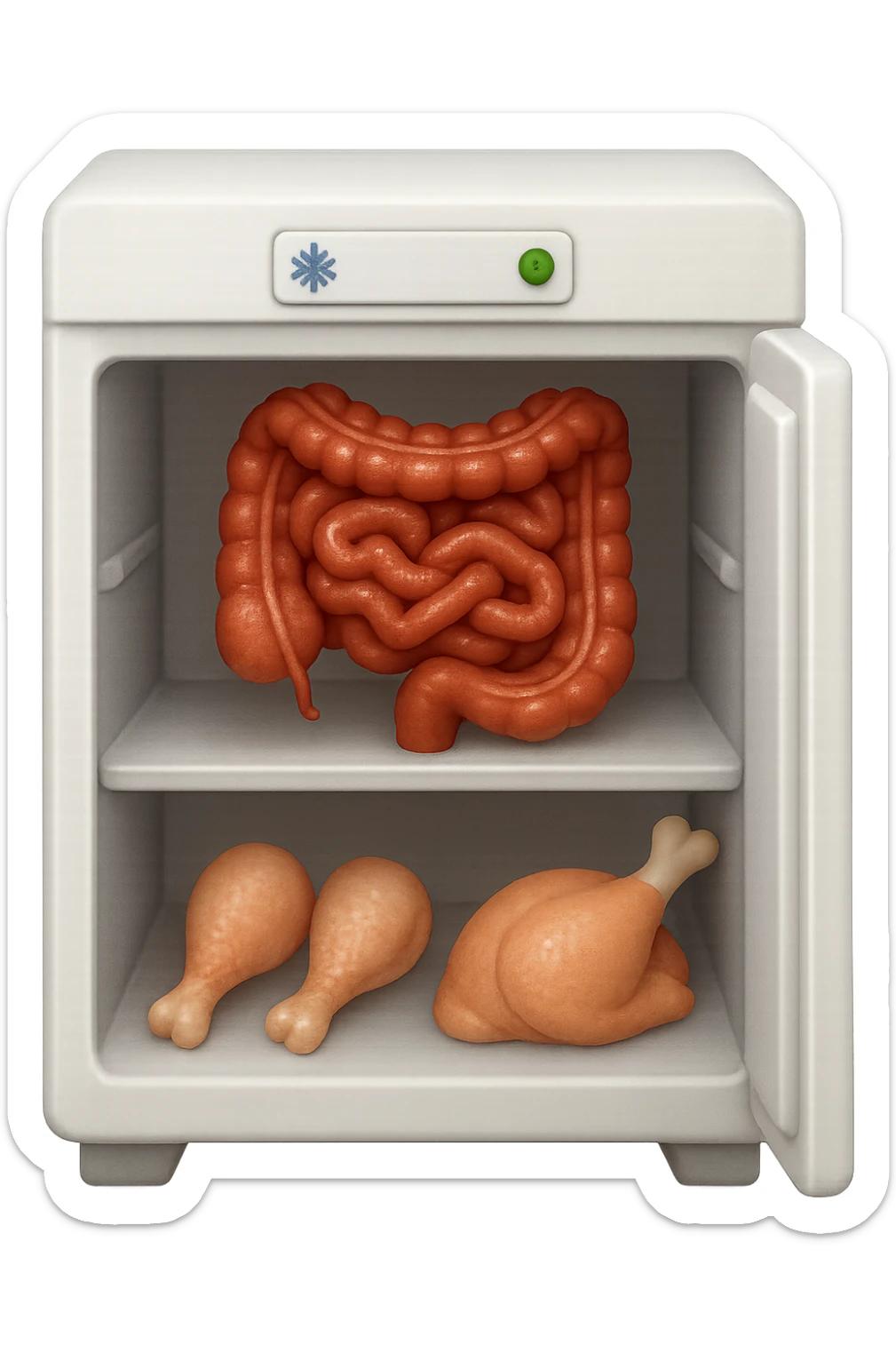 emoji stile iphone DI UN CONGELATORE CON INTESTINO realistico DENTRO INSIEME A PORZIONI DI POLLO E TACCHINO, iperrealistico 4k sticker