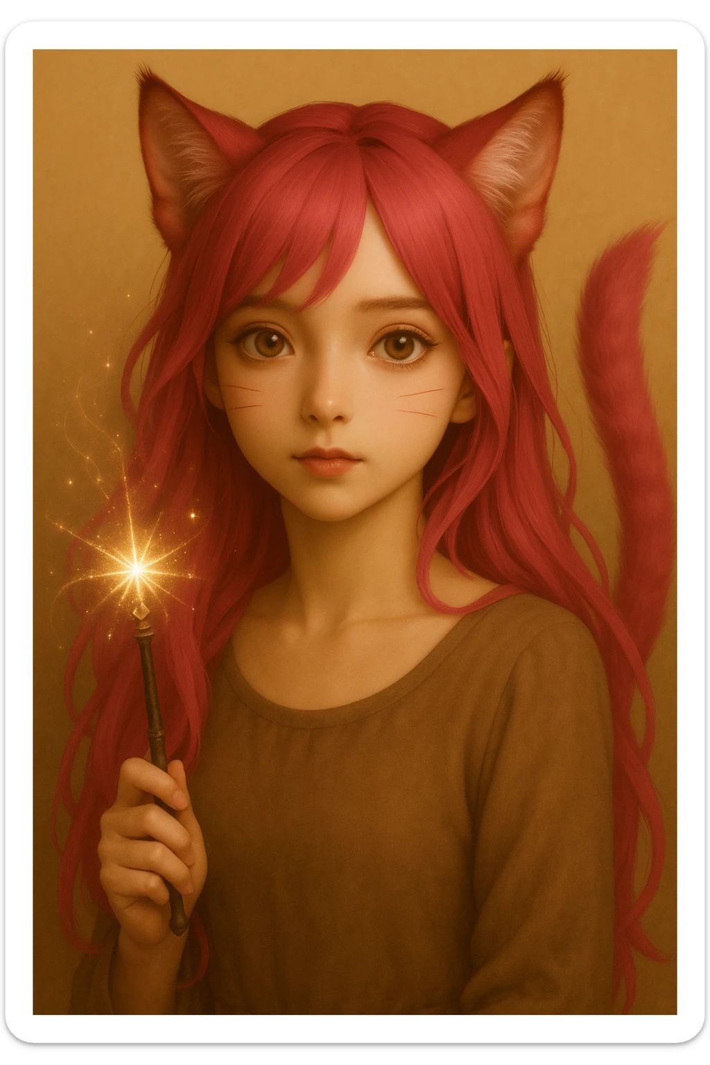 Add a magical accessory such as a sparkling wand or mystical orb to the catgirl, keeping the realistic anime style and pink hair. sticker