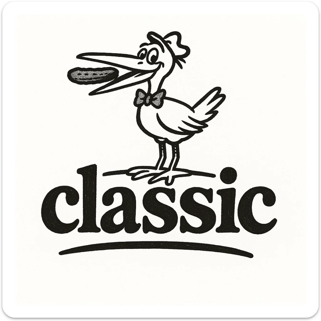 Enhance the sign and overall design to look more like the Vlasic pickle logo, including using a font that closely matches the Vlasic logo's font. Add the iconic Vlasic stork mascot perched on or near the sign. Maintain the hand drawn doodle style and keep the word 'classic' visible. The original style is hand drawn doodle, so keep the look consistent with that style. sticker