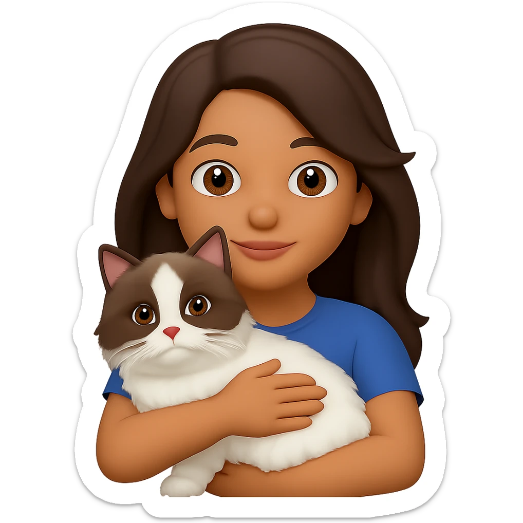 Change the girl's pink sweater to a regular t-shirt and give her light tan skin. She is hugging a Himalayan cat. Render in emoji style with no background. sticker