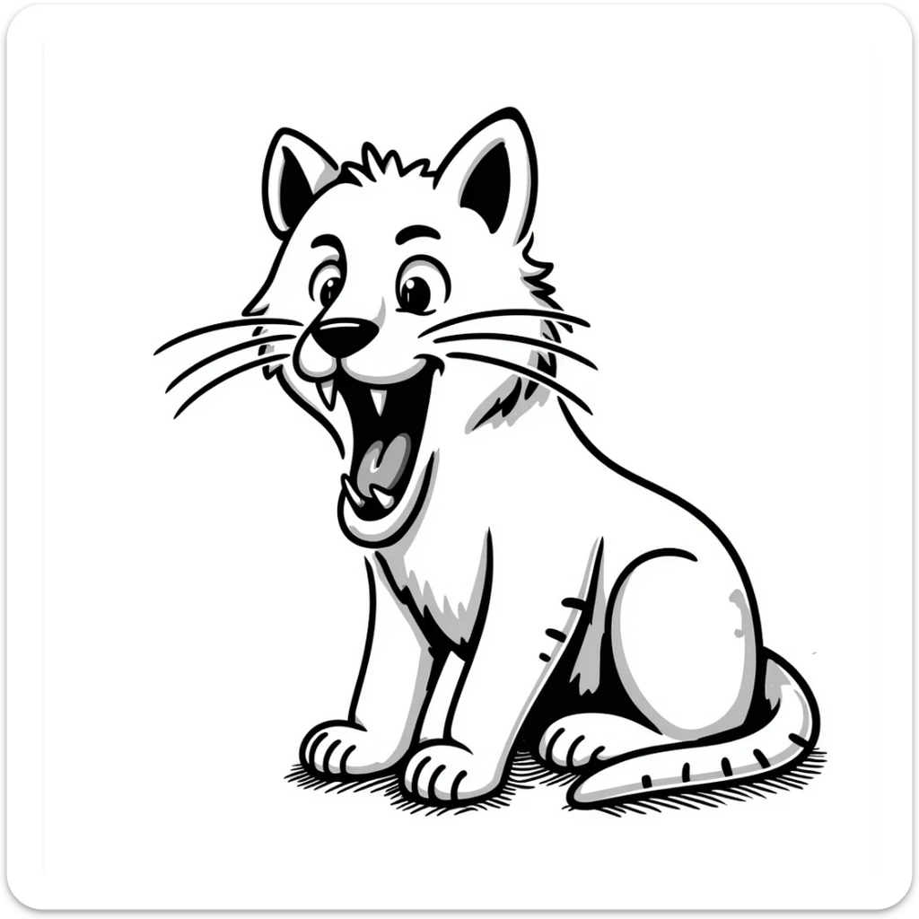 sketch of a saber-toothed cat with ludicrously long canine teeth that extend far below its body, extreme sword-like tusks sticker