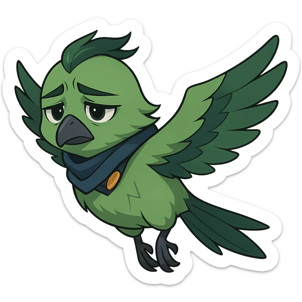 anime style green bird inspired by Valorant agent Falko, flying and looking sad sticker